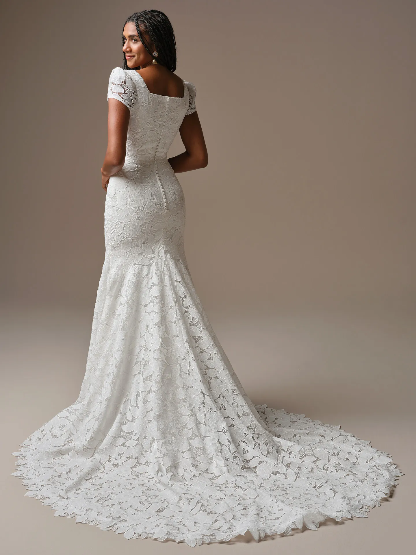 Dakota boho lace mermaid wedding dress, back view Maggie Sottero.