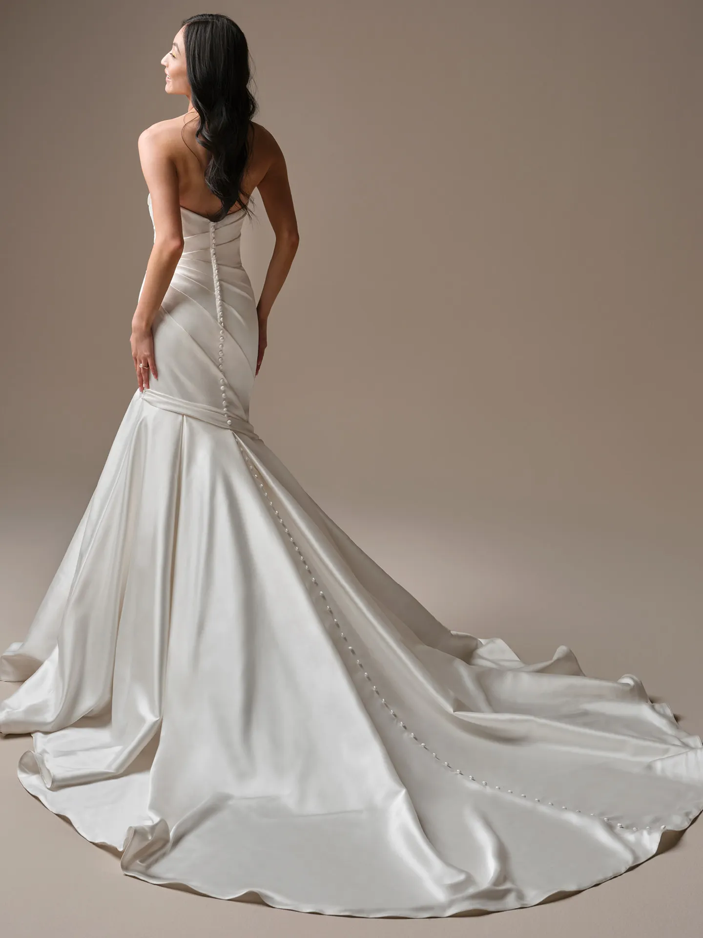 Emelina fit-and-flare wedding dress, back view, satin bodice, Maggie Sottero.