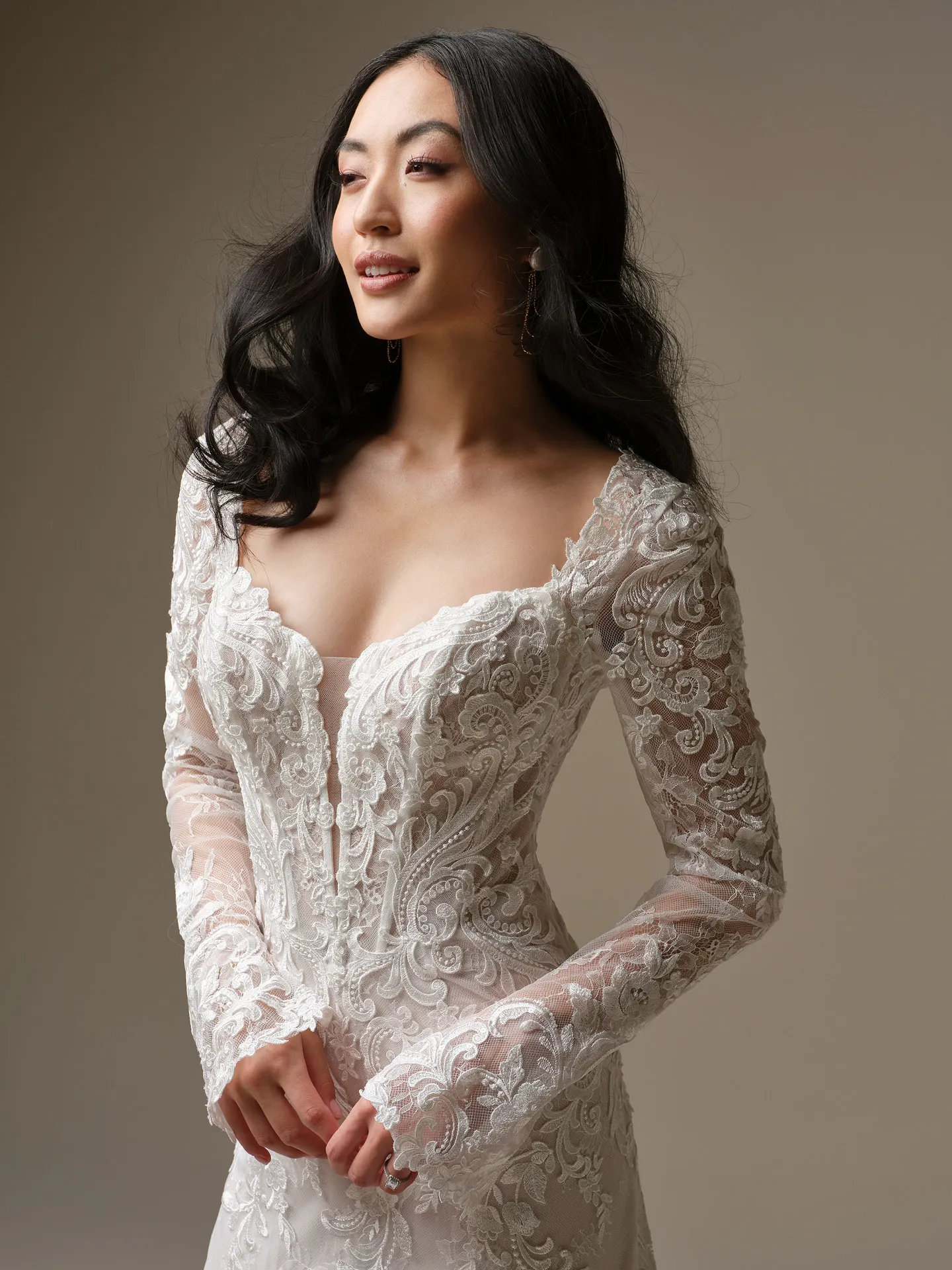 Maggie Sottero Farrah, front view lace detail A-Line dress.