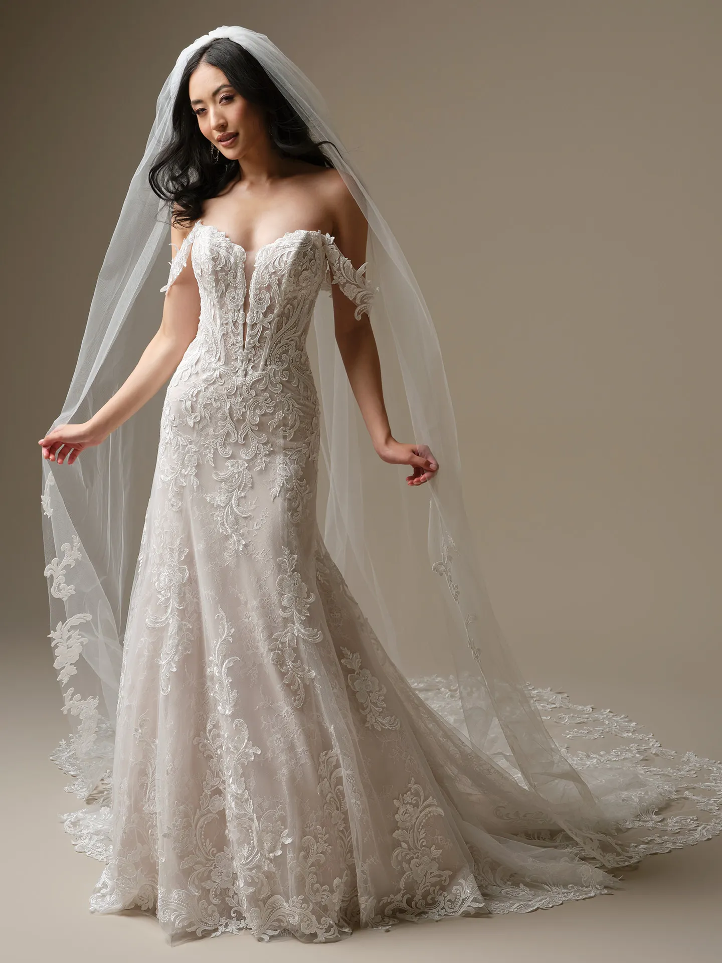 Maggie Sottero Farrah A-line, front view with lace and veil.