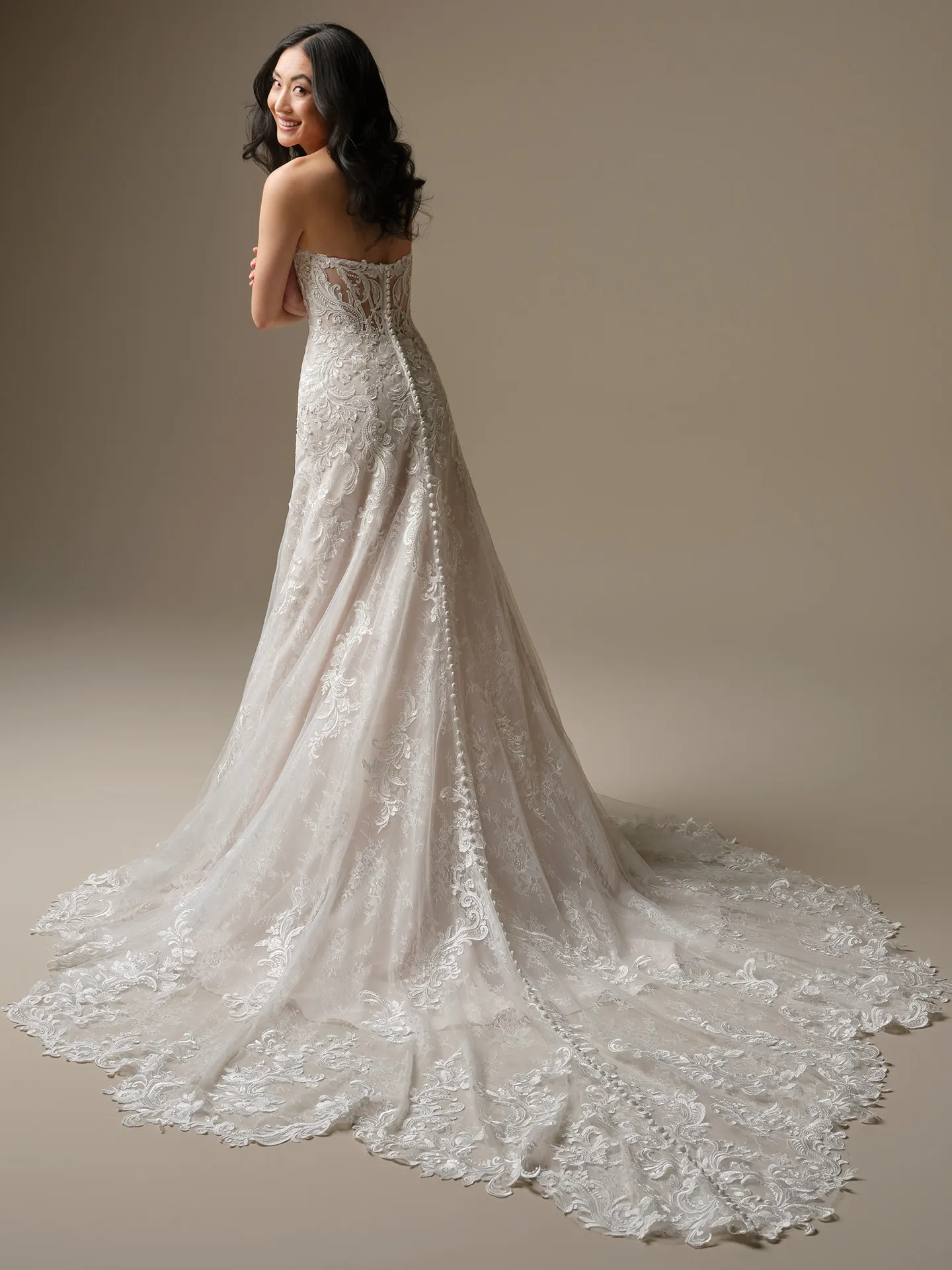 Farrah plunging sequin lace A-line, back view Maggie Sottero dress.