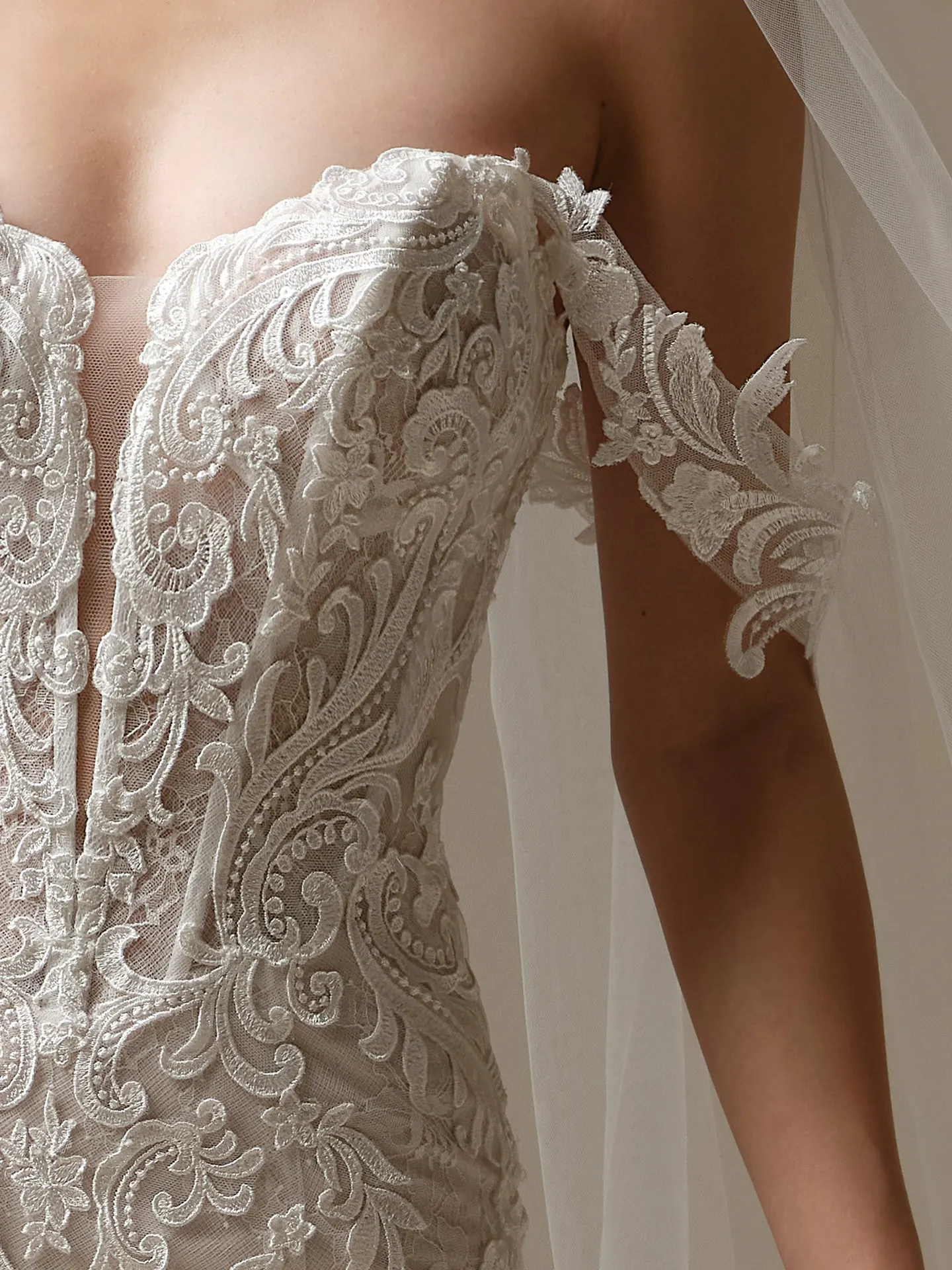 Maggie Sottero Farrah detachable cap sleeves, front view.