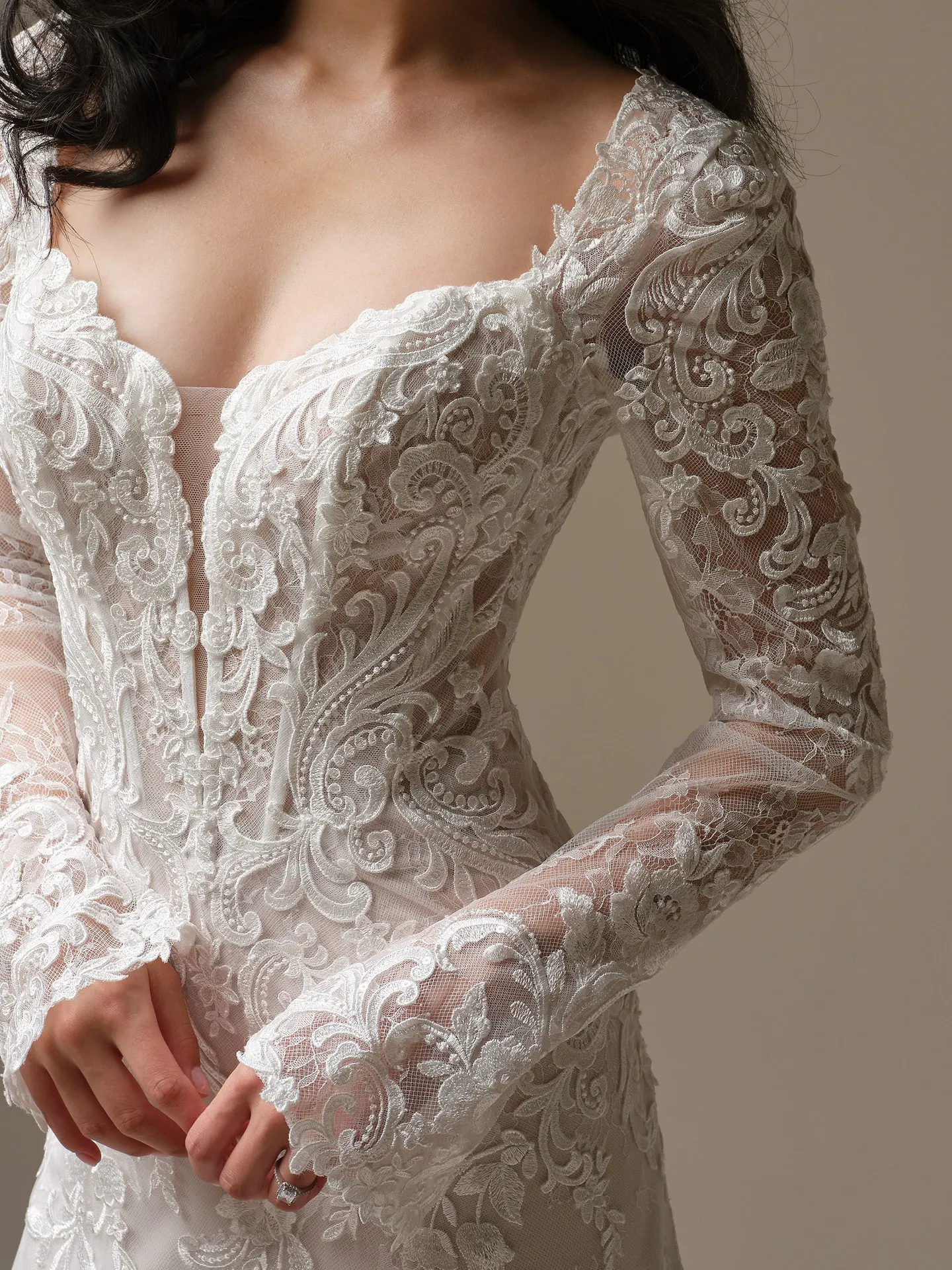 Maggie Sottero Farrah detachable sleeves - chantilly lace, front view.