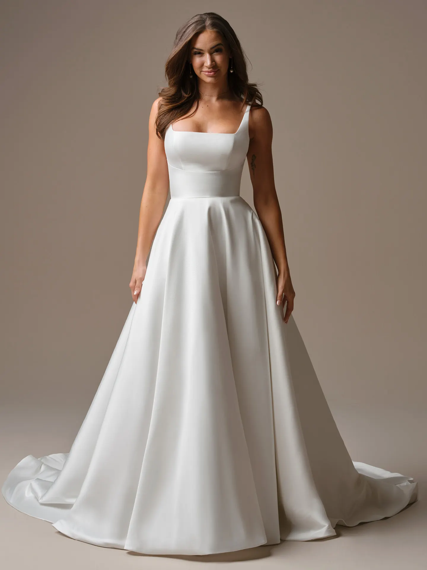 Galina square neck A-Line wedding dress, front view Maggie Sottero.