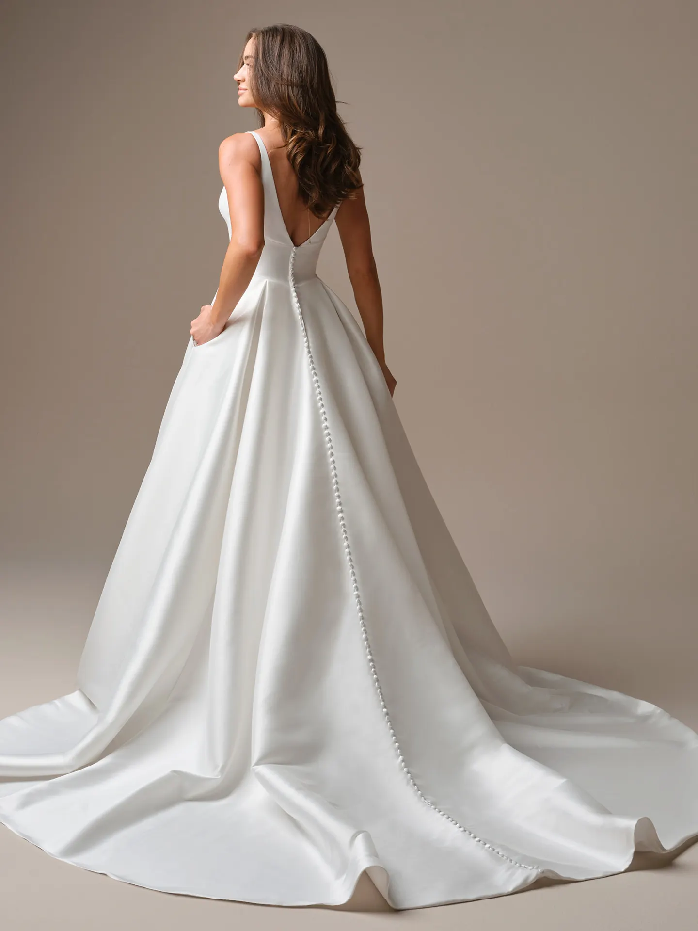 Galina A-Line wedding dress, back view buttons trail Maggie Sottero.