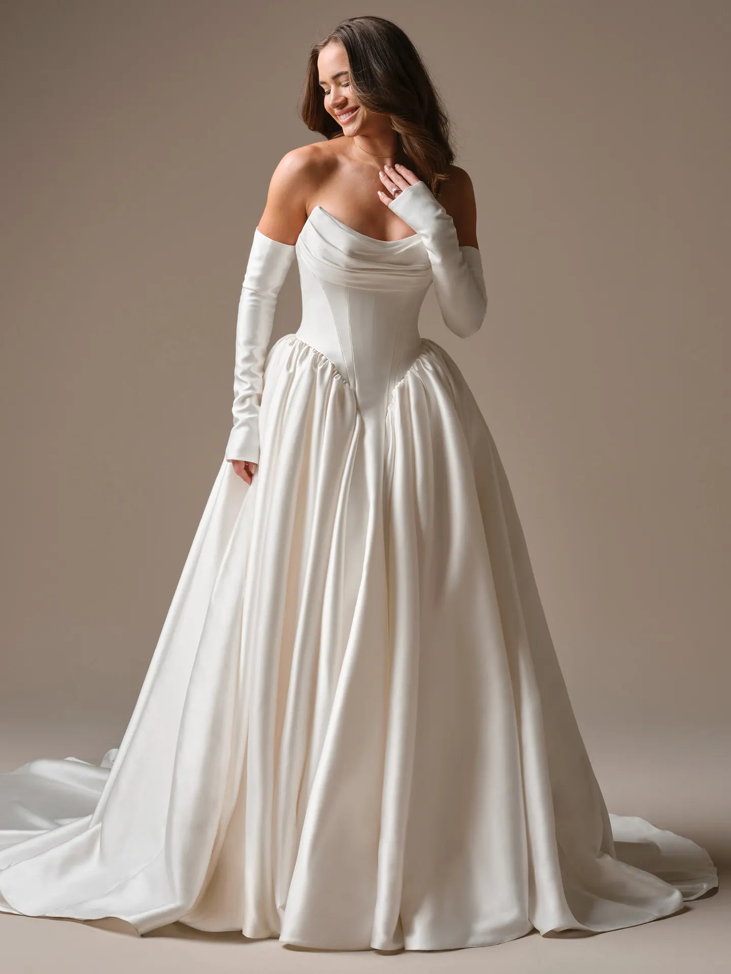 Maggie Sottero Hudson strapless draped bodice ballgown, front view.
