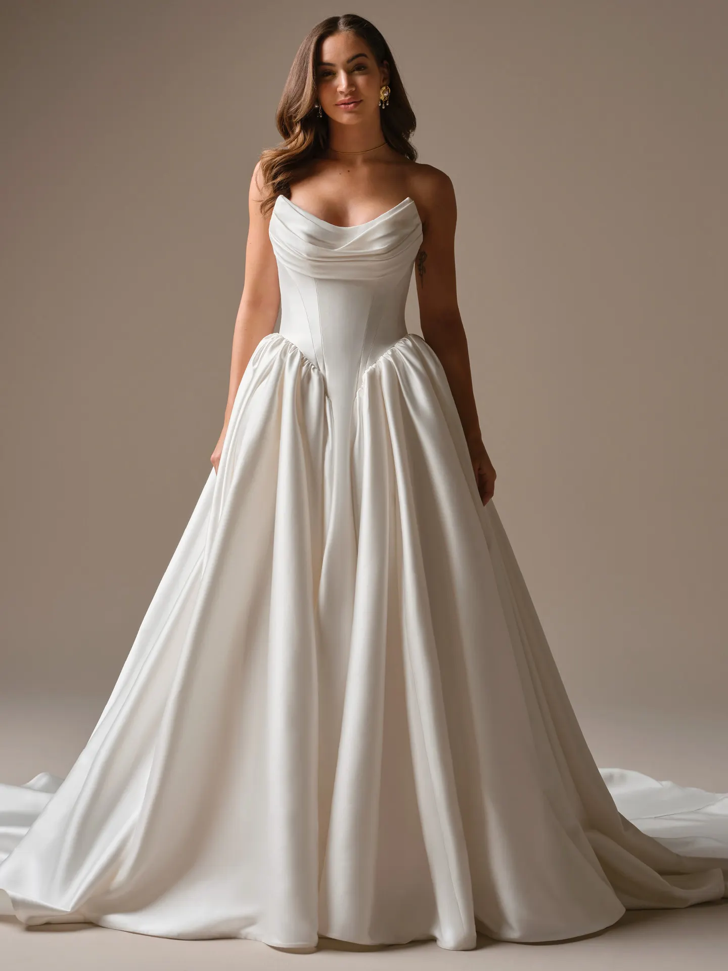 Hudson strapless draped bodice ballgown, front view Maggie Sottero.