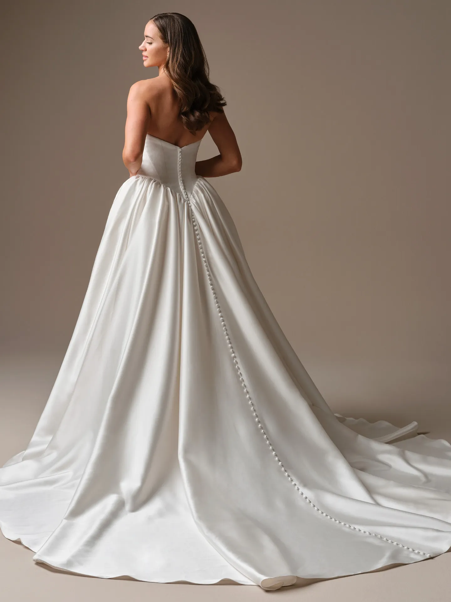 Hudson strapless draped bodice ballgown, back view Maggie Sottero.