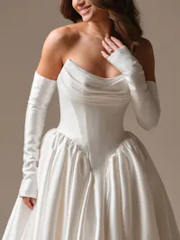 Hudson detachable off-the-shoulder Cartago satin fitted bridal sleeves with upper arm button closure