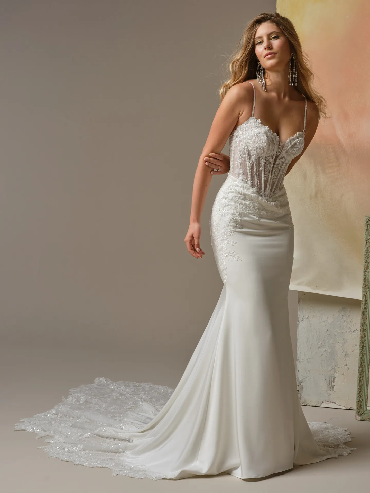 India beaded sheath wedding dress, front view Maggie Sottero.
