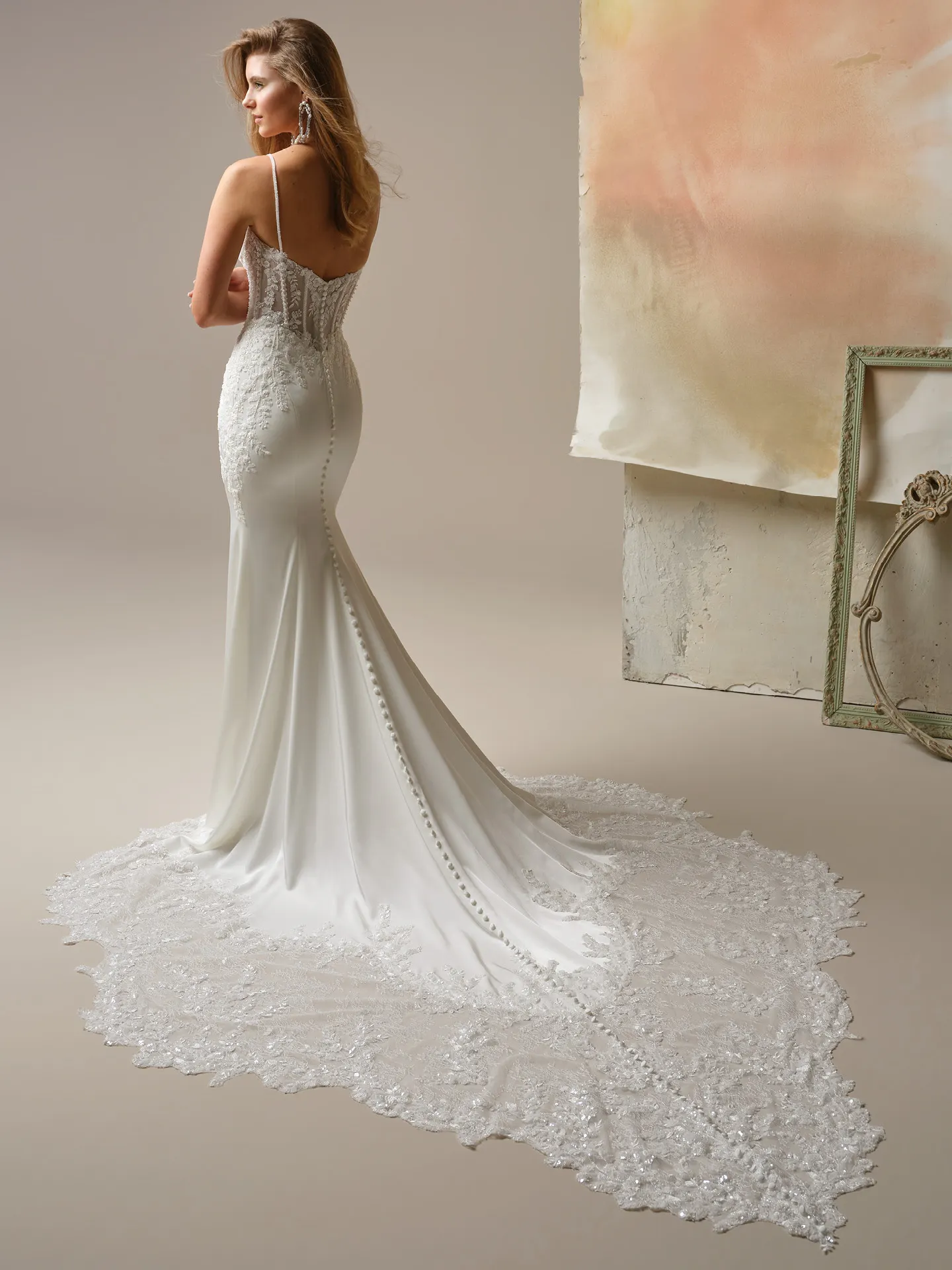 India beaded sheath wedding dress, back view lace train Maggie Sottero.