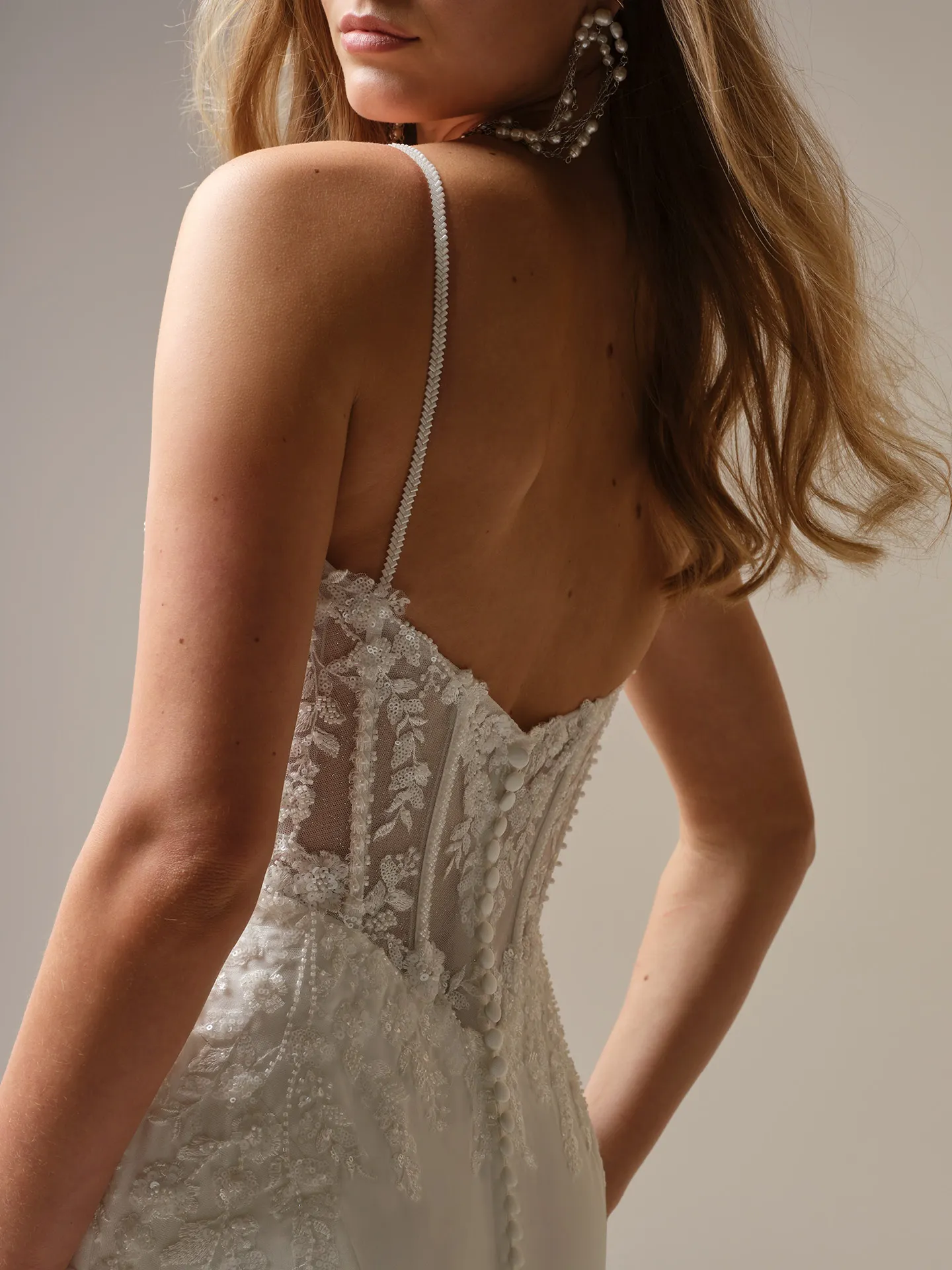 India beaded cat eye sheath, back view Maggie Sottero.