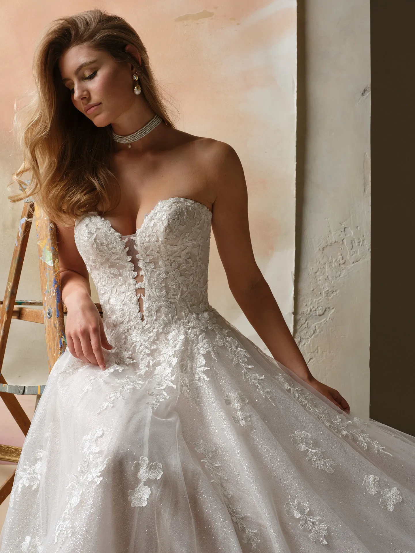 Maggie Sottero Jennifer, front view V-neck A-line sequin wedding dress.