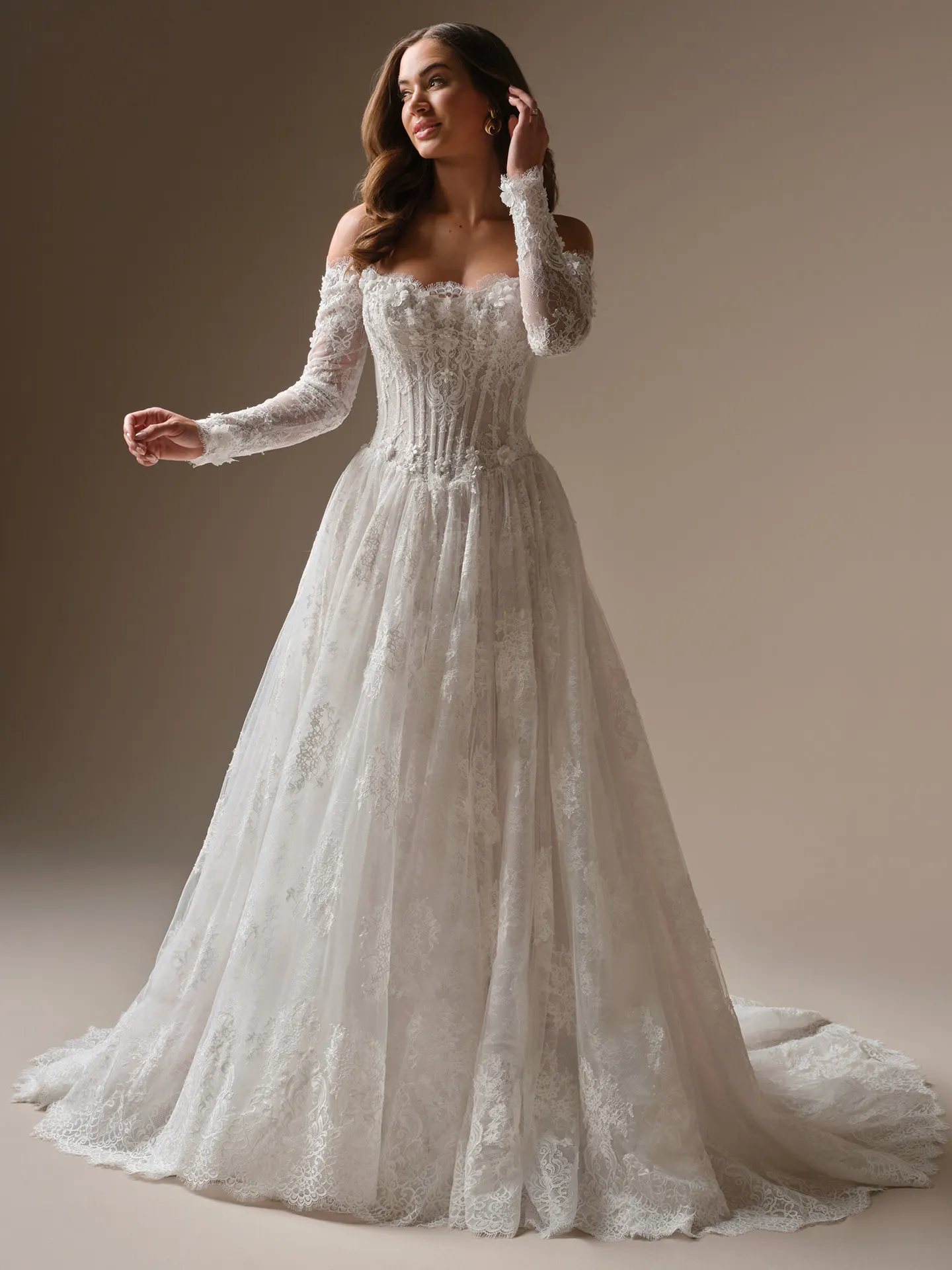 Maggie Sottero Kitaro, front view, off-shoulder 3D lace ballgown wedding dress.