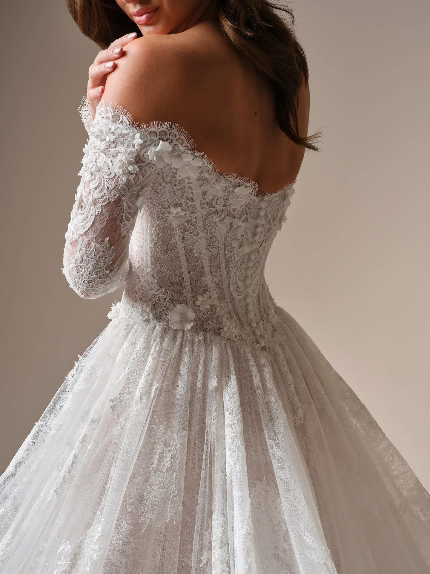Kitaro off-the-shoulder lace ballgown, back view Maggie Sottero.