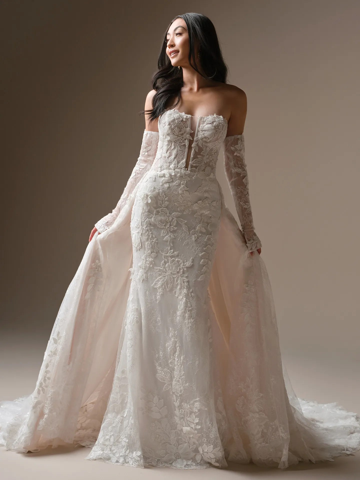 Laurie fit-and-flare, front view, lace detail, Maggie Sottero wedding dress.