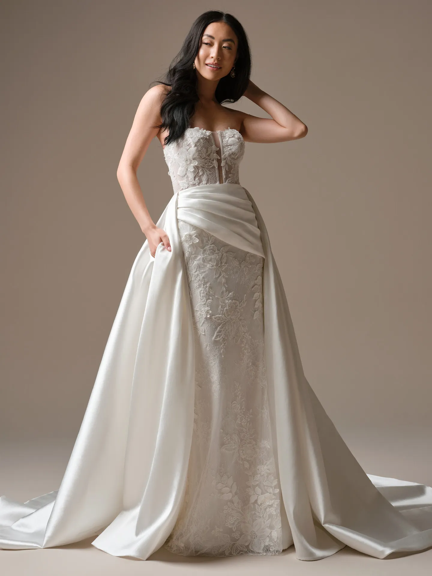 Laurie fit-and-flare, front view lace and satin wedding dress Maggie Sottero.