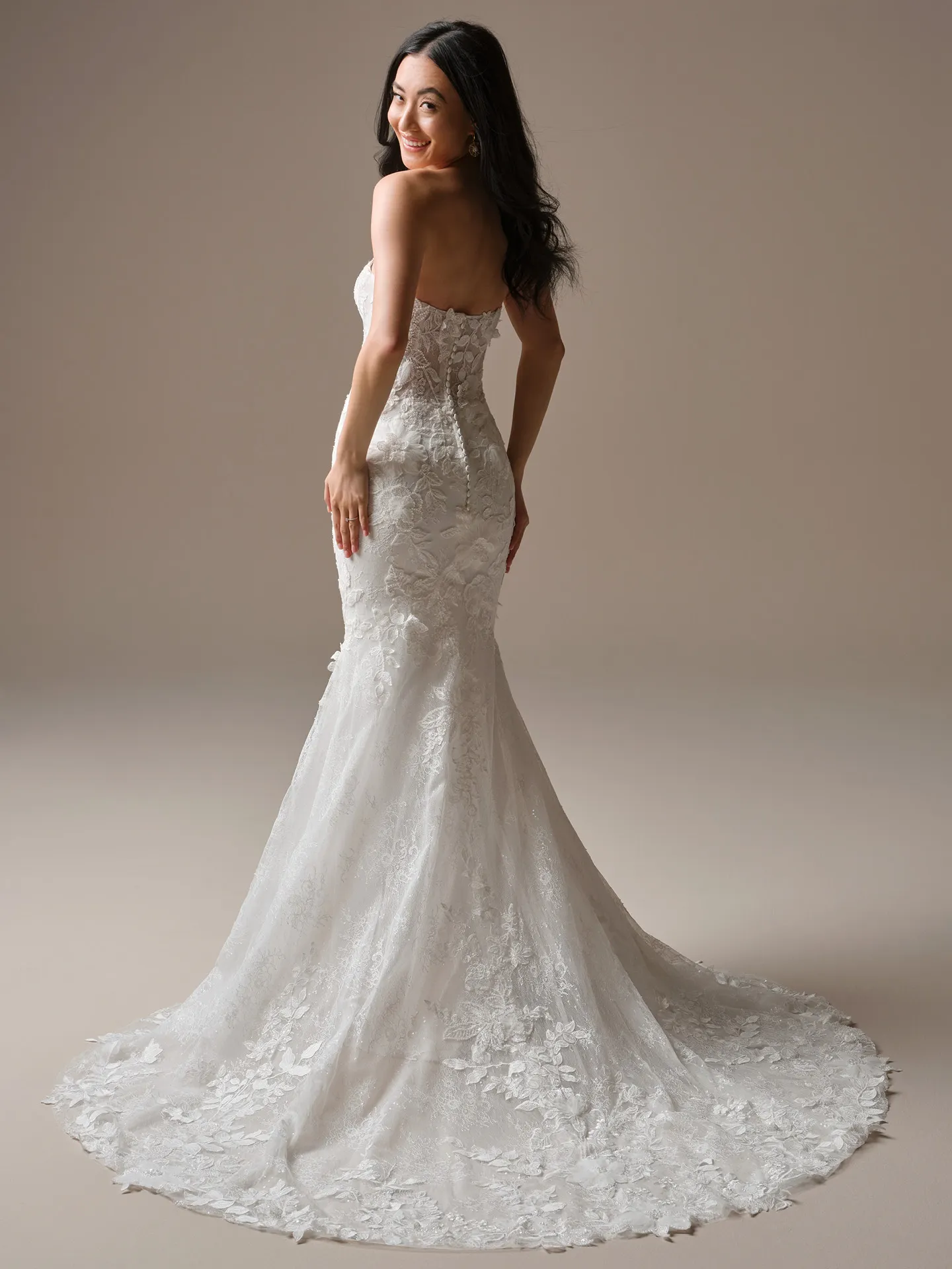 Maggie Sottero Laurie illusion square neck fit-and-flare wedding dress, back view.