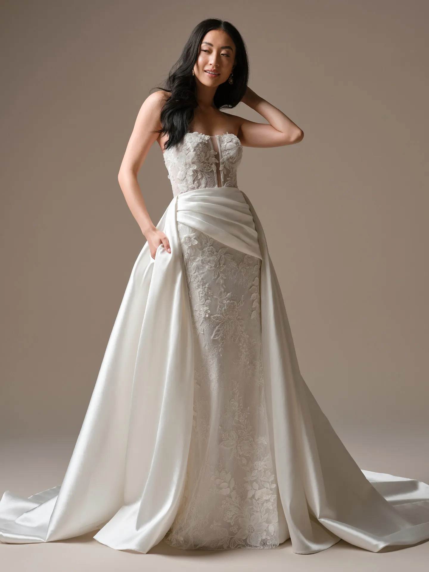 Maggie Sottero Laurie detachable overskirt, front view.