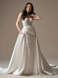 Laurie detachable satin wedding overskirt with pleated front mini skirt, pockets, and recycled lining