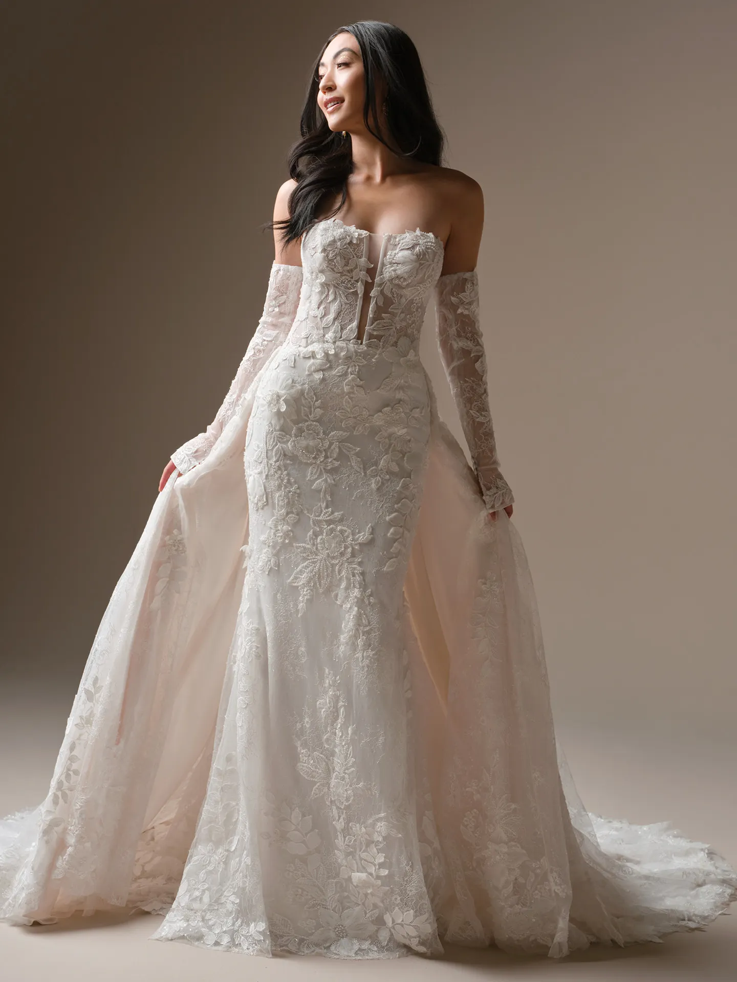 Maggie Sottero Laurie detachable train, front view.