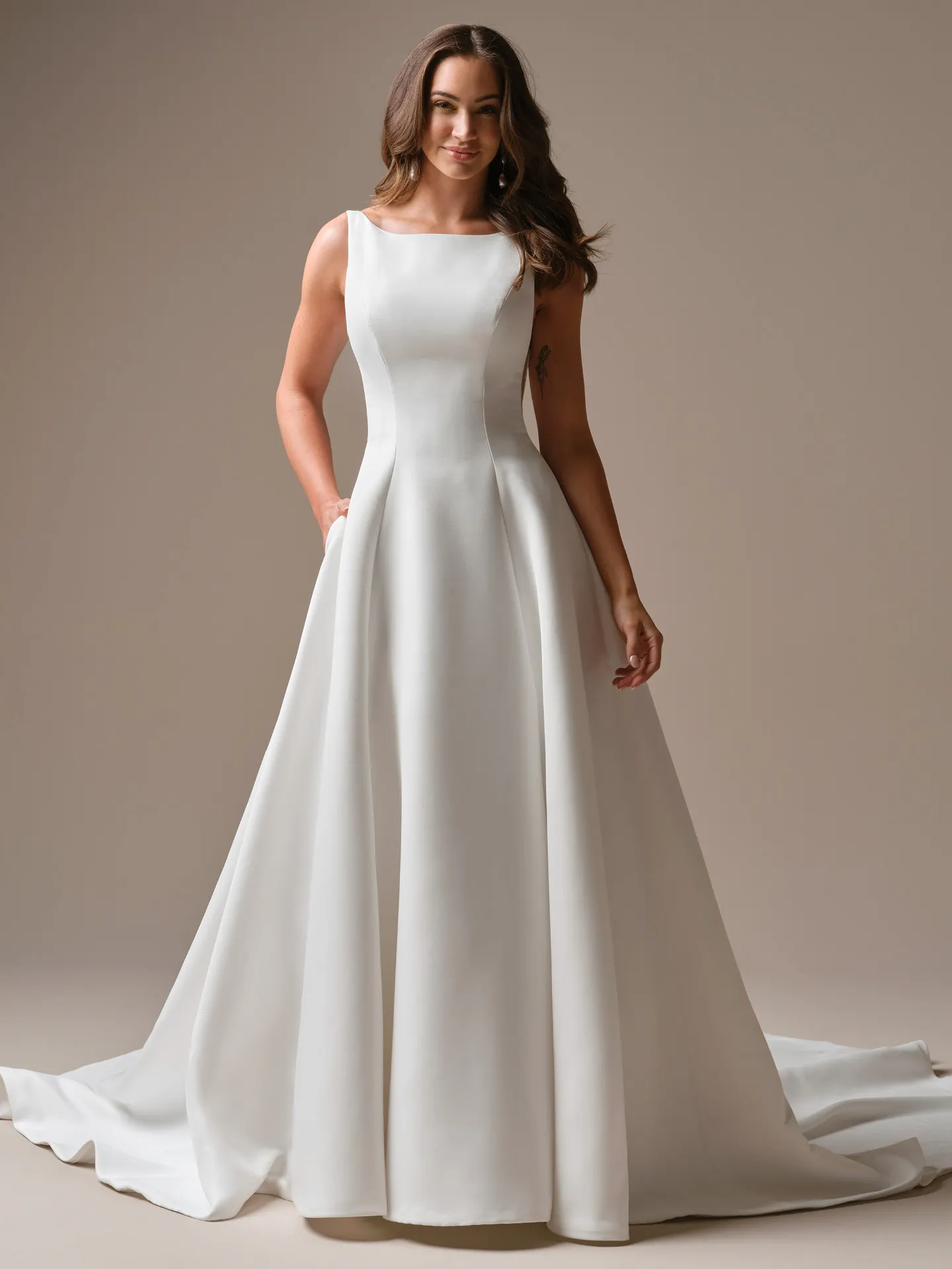 Maggie Sottero Lawrence, front view bateau neck satin A-line wedding dress.