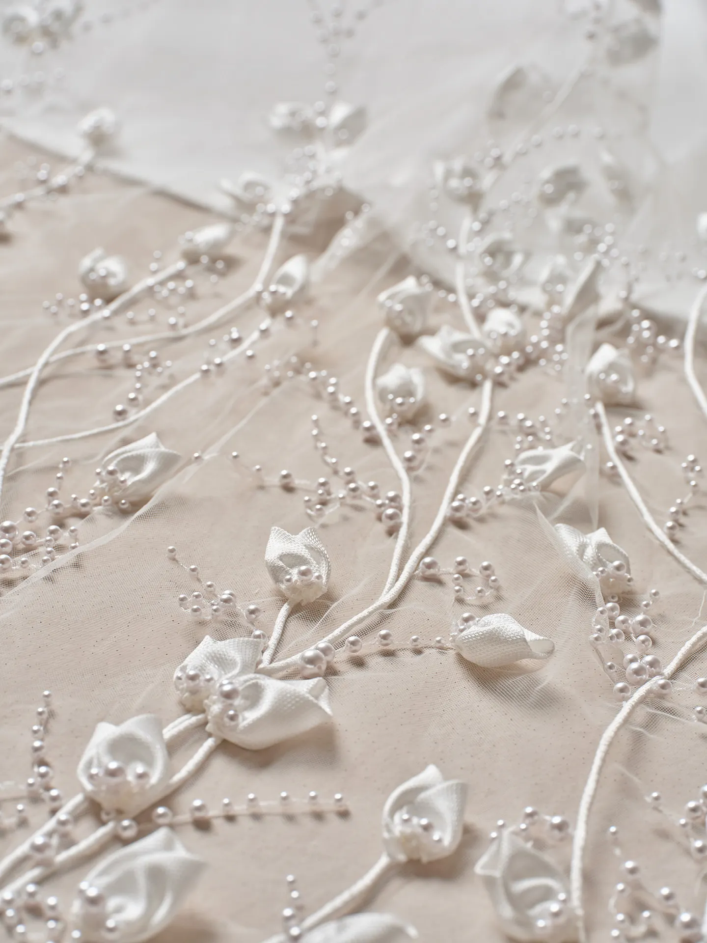 Maggie Sottero Lawrence A-Line satin dress, floral beaded lace detail.