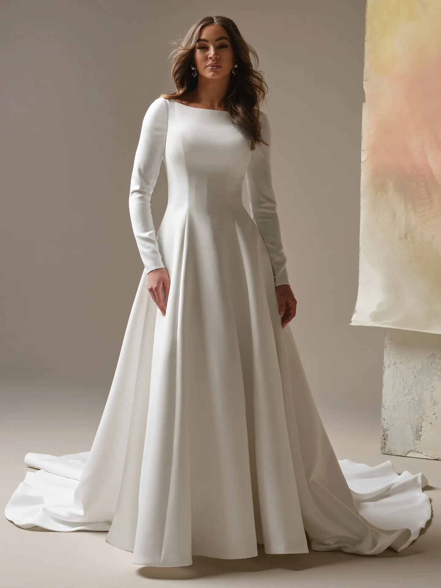 Maggie Sottero Lawrence, front view satin A-line wedding dress.