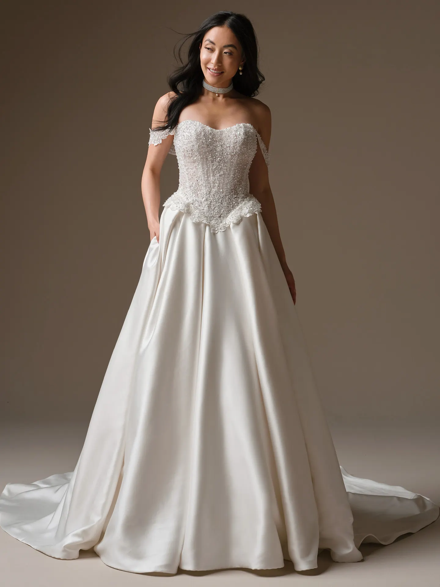 Maggie Sottero London strapless beaded lace ballgown, front view.