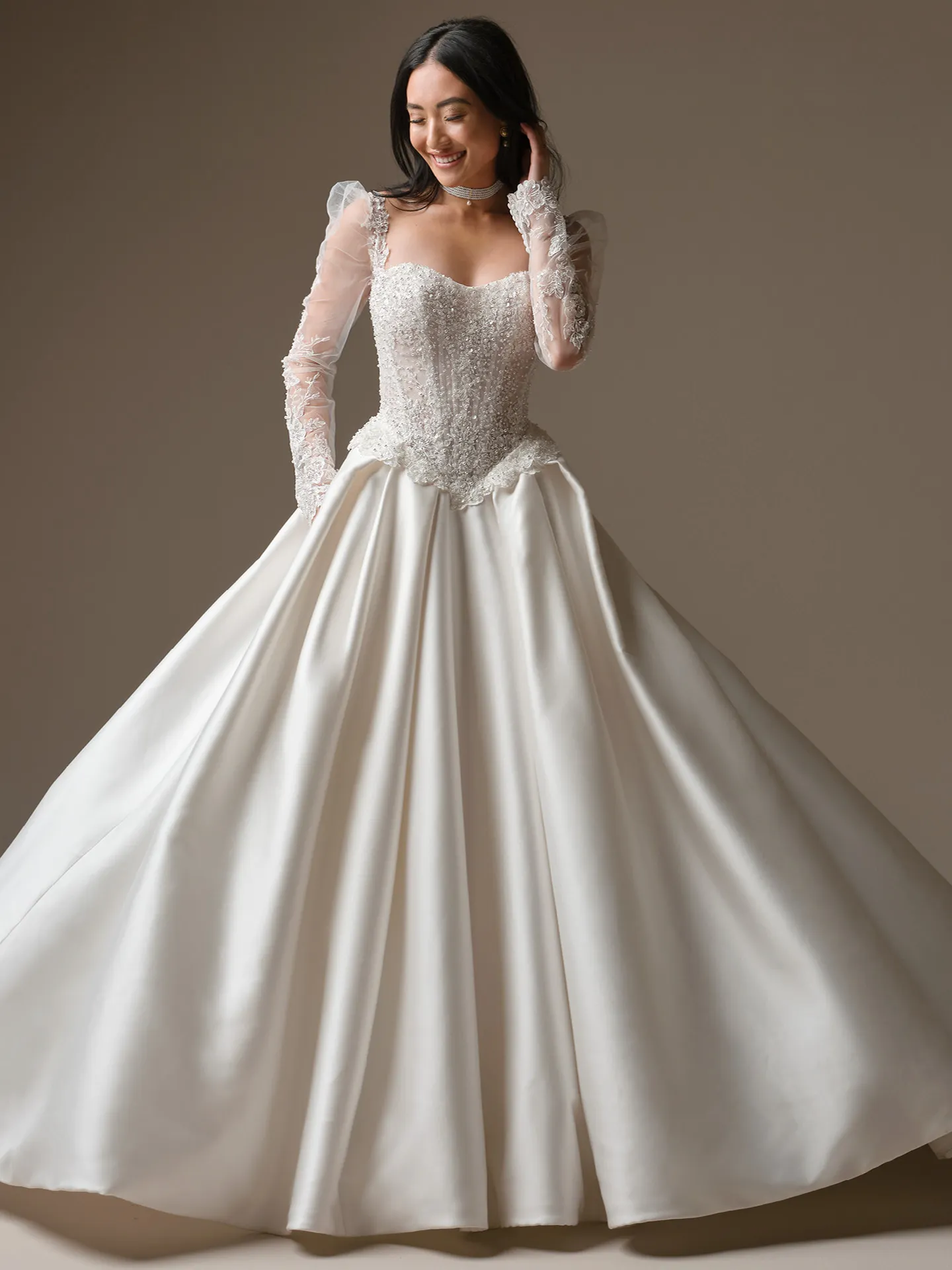 Maggie Sottero London, front view strapless beaded lace ballgown wedding dress.