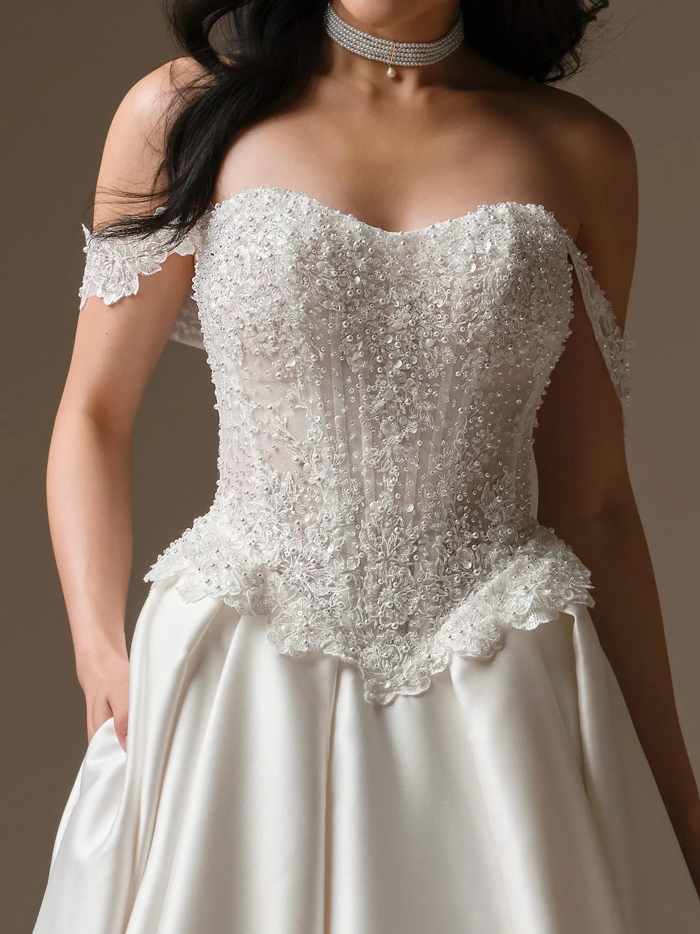 Maggie Sottero London detachable cap-sleeves, front view.