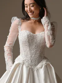 London detachable illusion beaded lace fitted sleeves with soft shoulder puff and buttoned cuffs