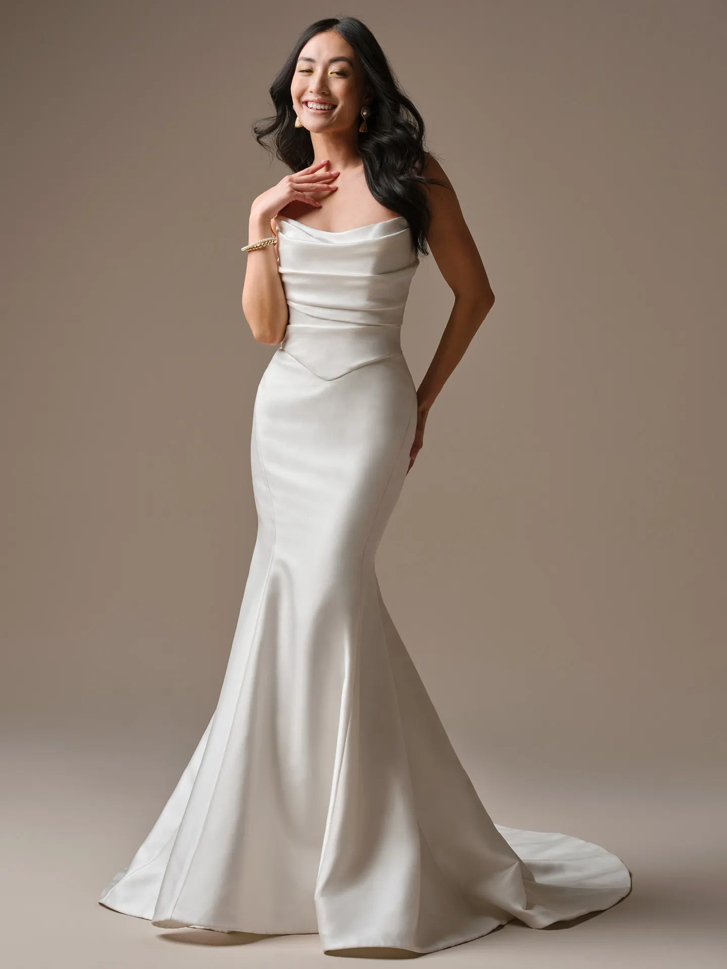 Rebecca Ingram Maureen satin ballgown wedding dress, front view.
