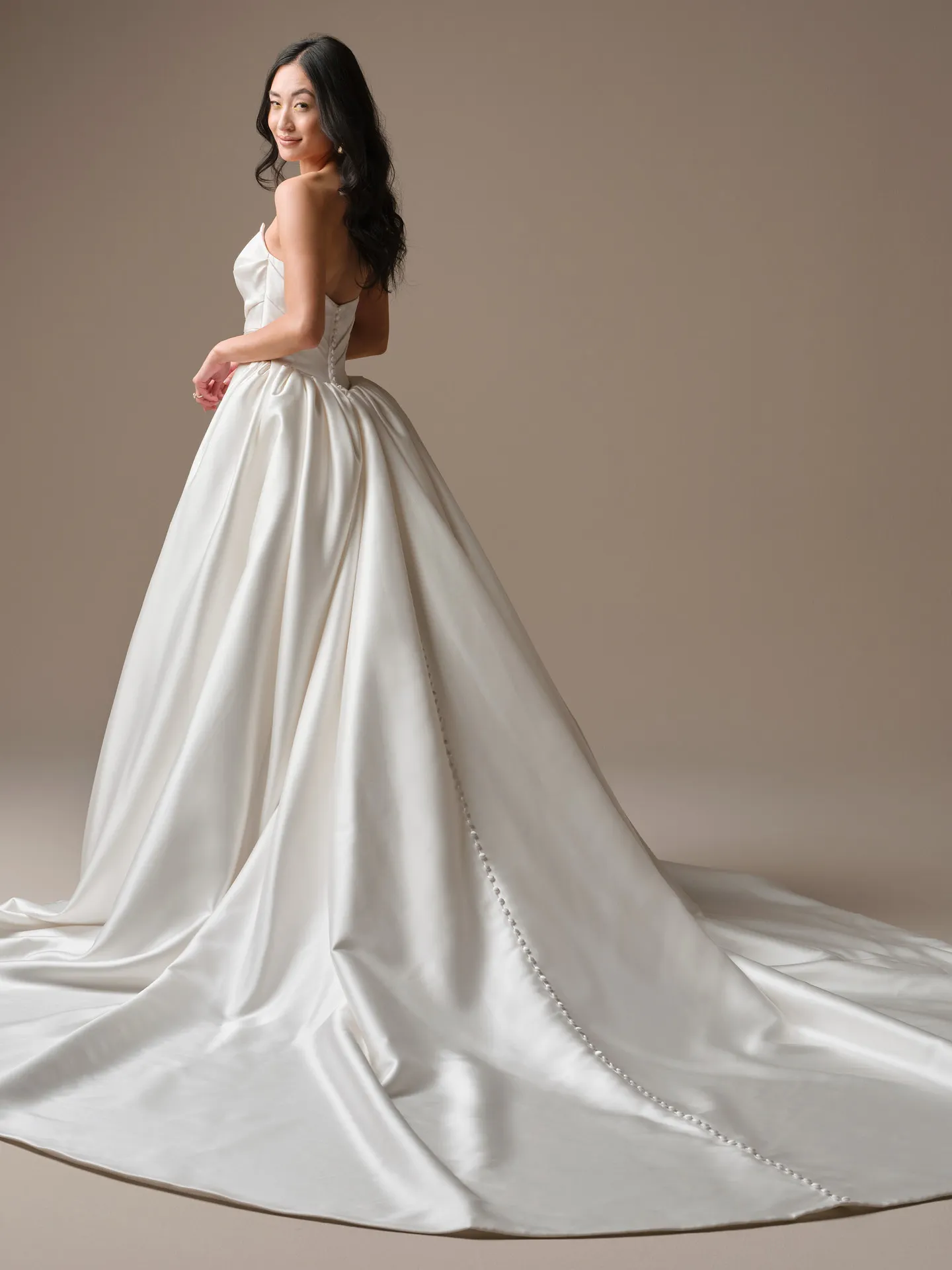 Maureen classic satin ballgown, back view with ruched detail and train.