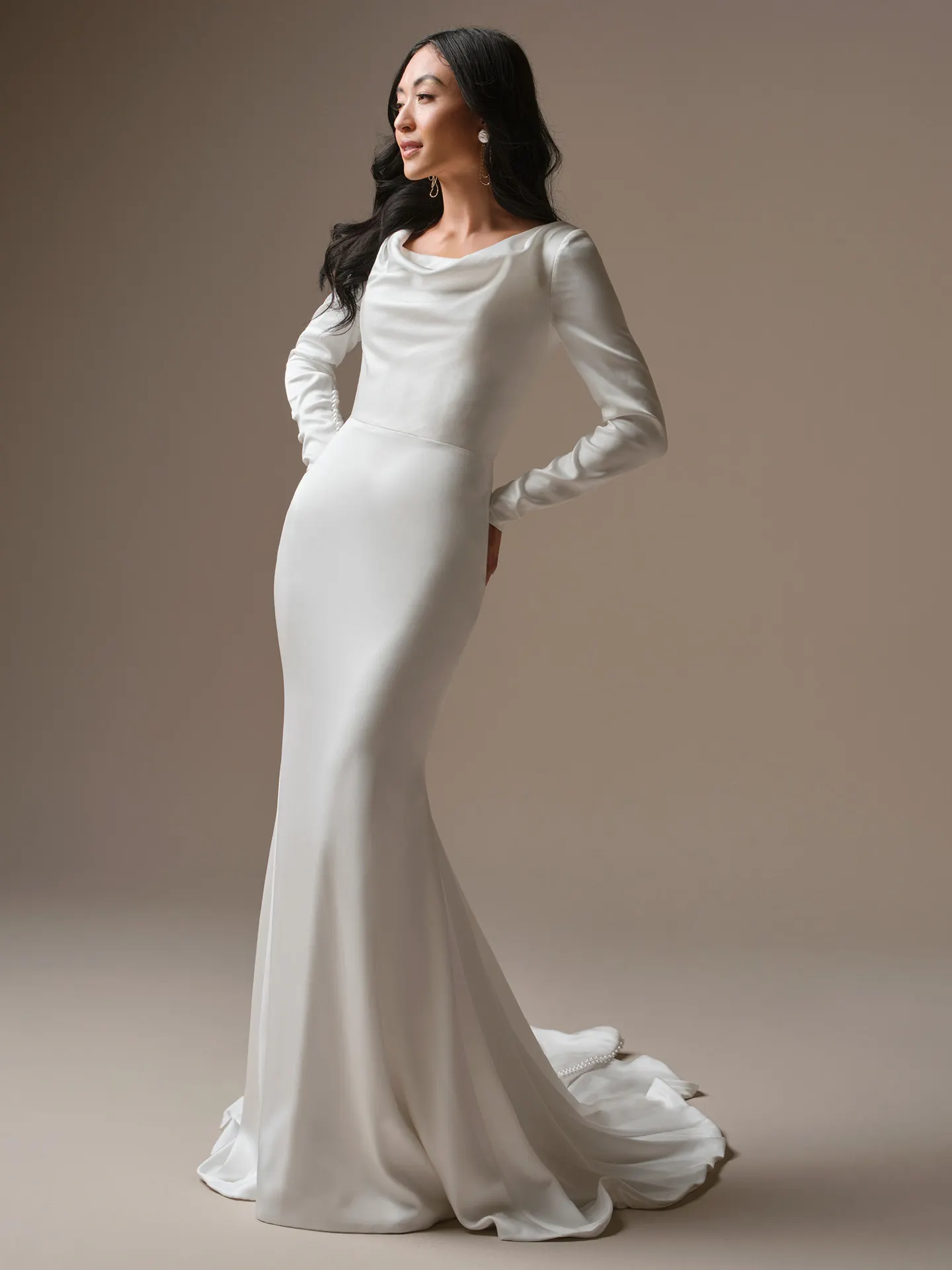 Melinda satin sheath, front view Maggie Sottero.