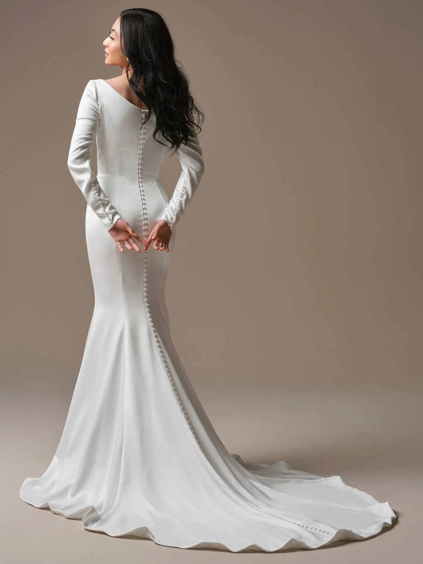 Maggie Sottero Rebecca Ingram Melinda, back view satin sheath wedding dress.