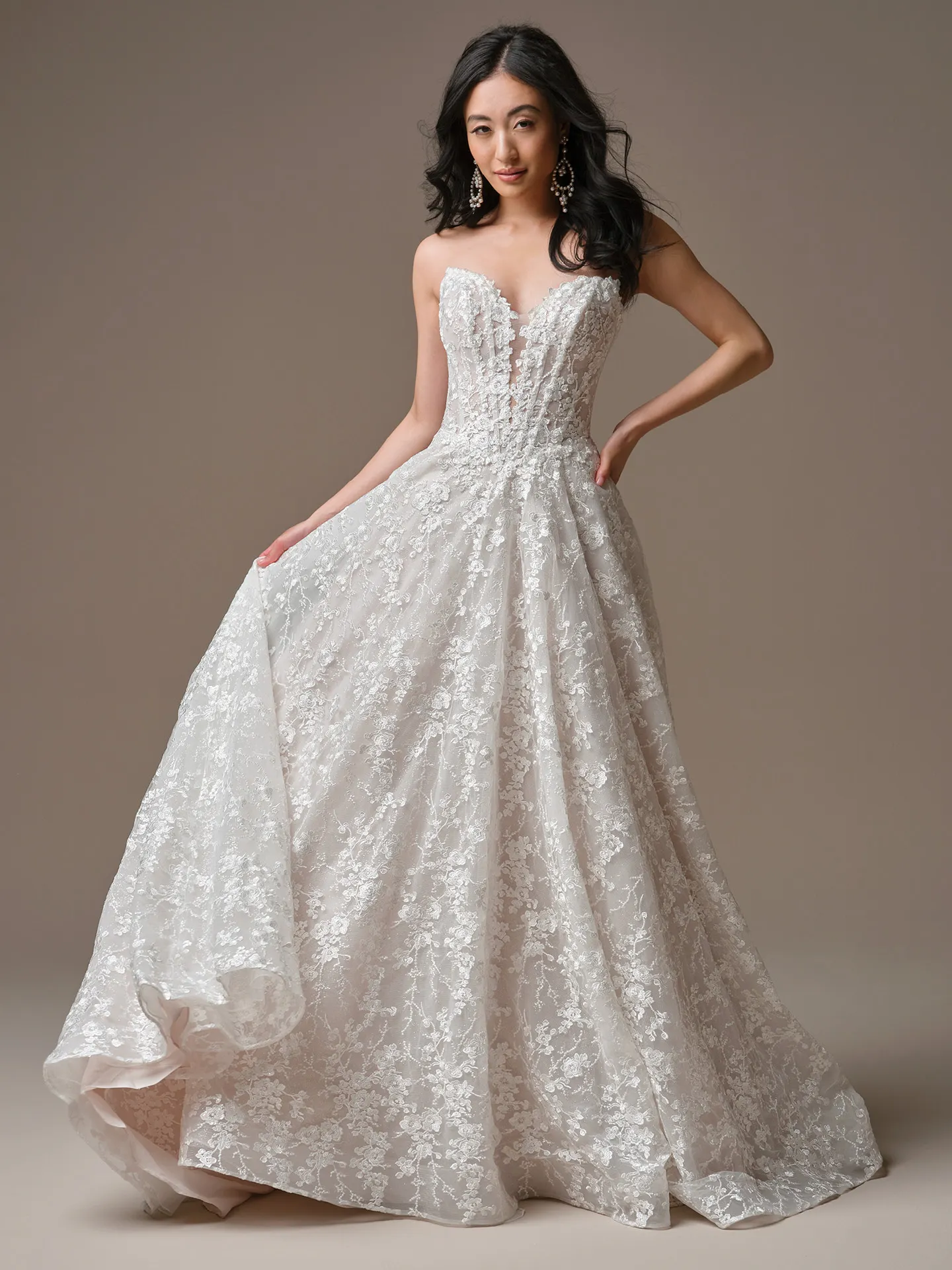 Maggie Sottero Memphis, front view A-line lace wedding dress.