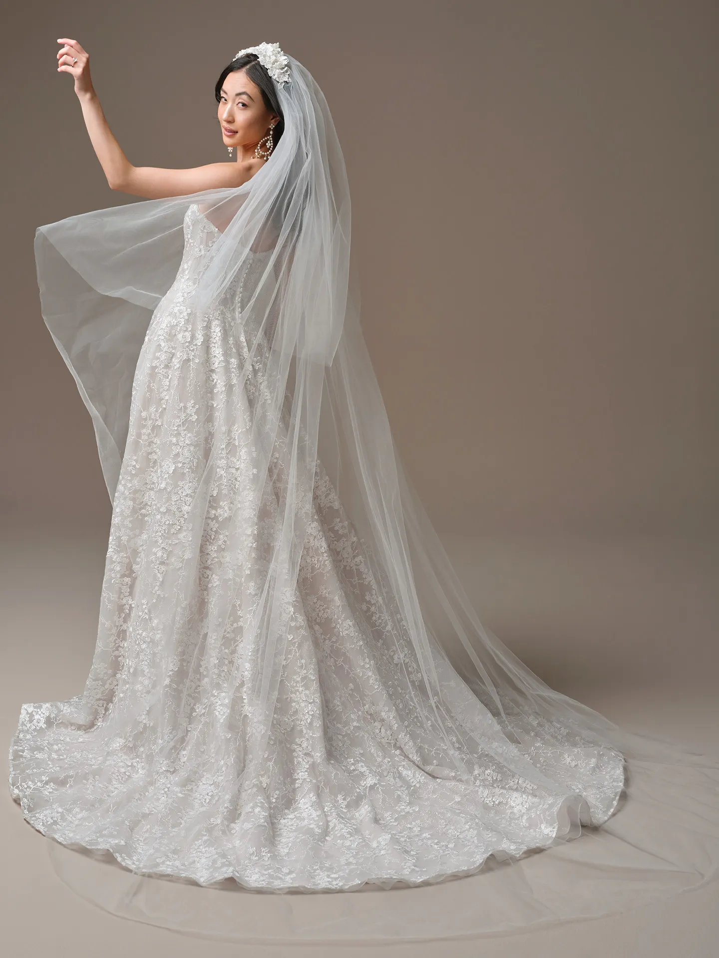 Maggie Sottero Memphis A-Line, side view, lace with veil, plunging neckline wedding dress.