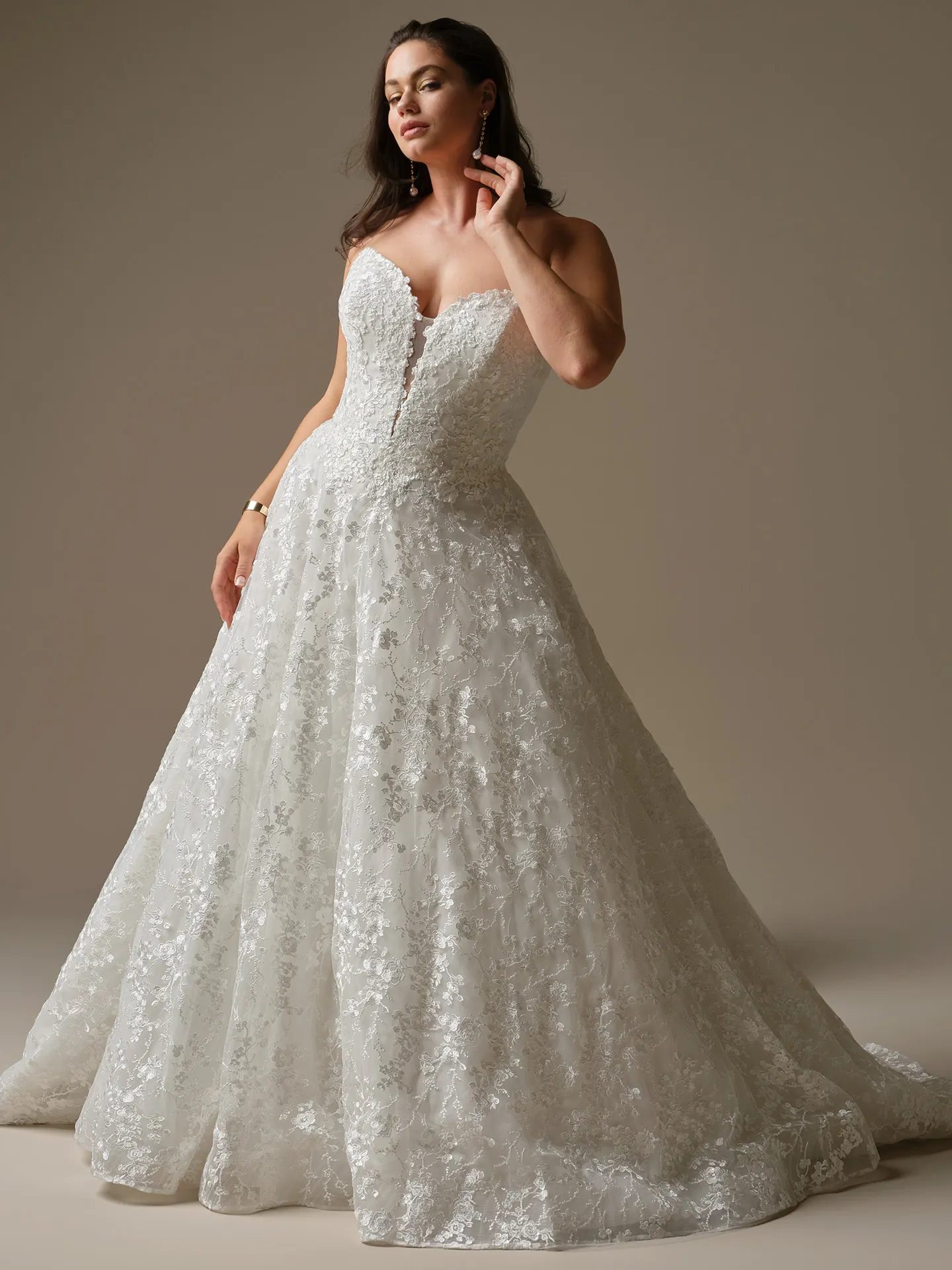 Maggie Sottero Memphis, front view plunging neckline A-line wedding dress.