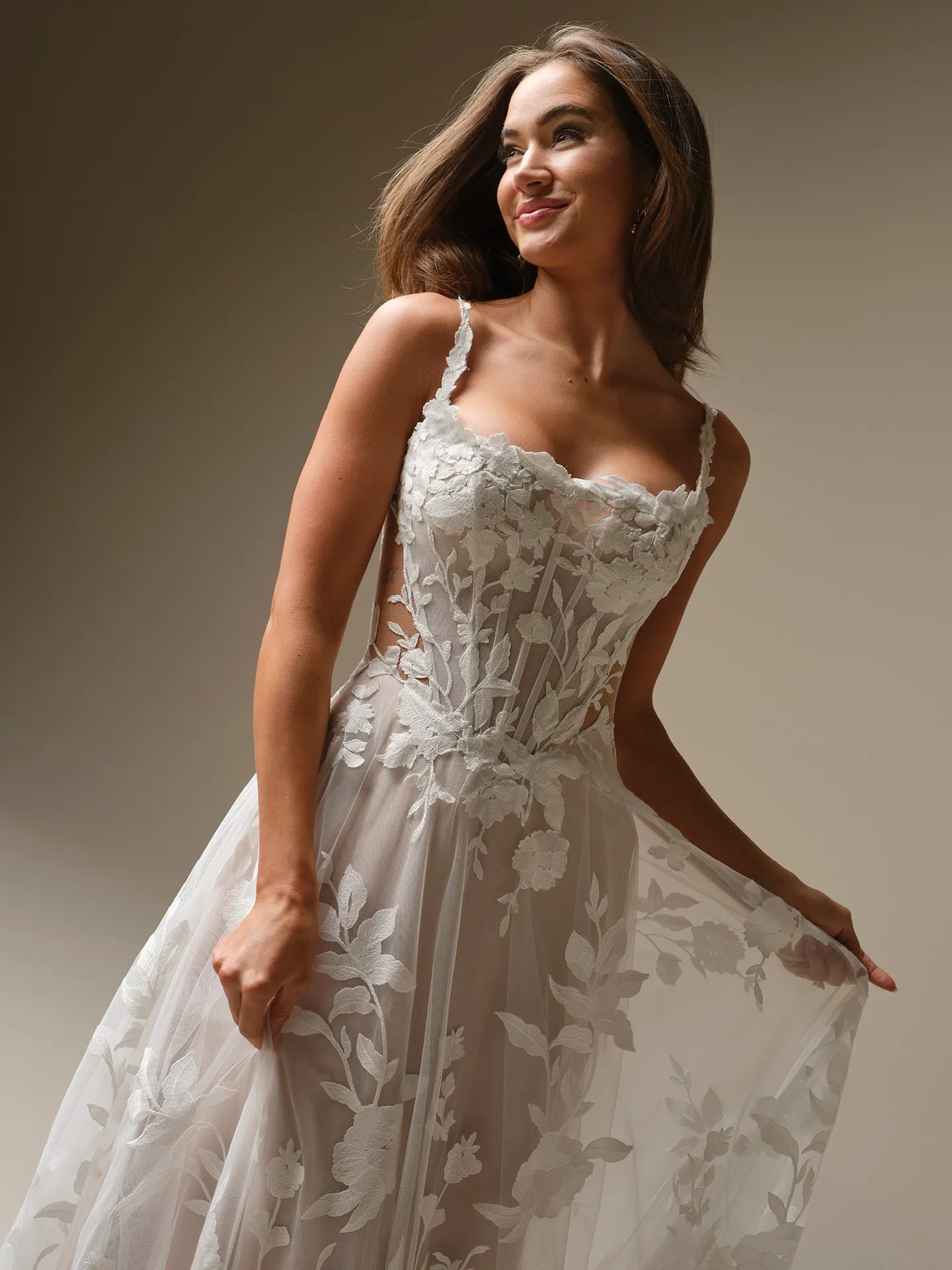 Maggie Sottero Natalie Marie A line wedding dress front view with lace bodice and skirt
