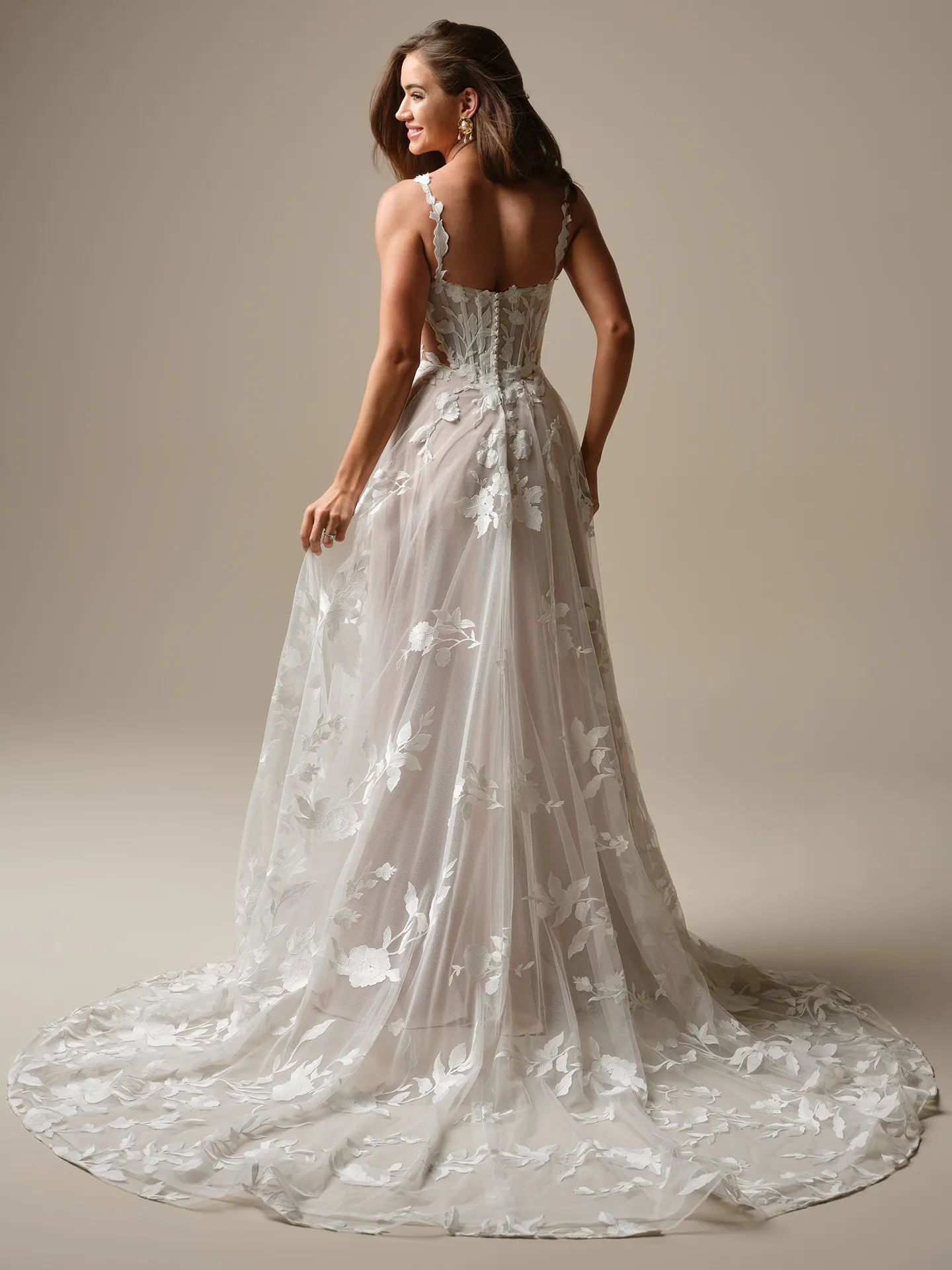 Maggie Sottero Natalie, back view, floral A-line wedding dress.