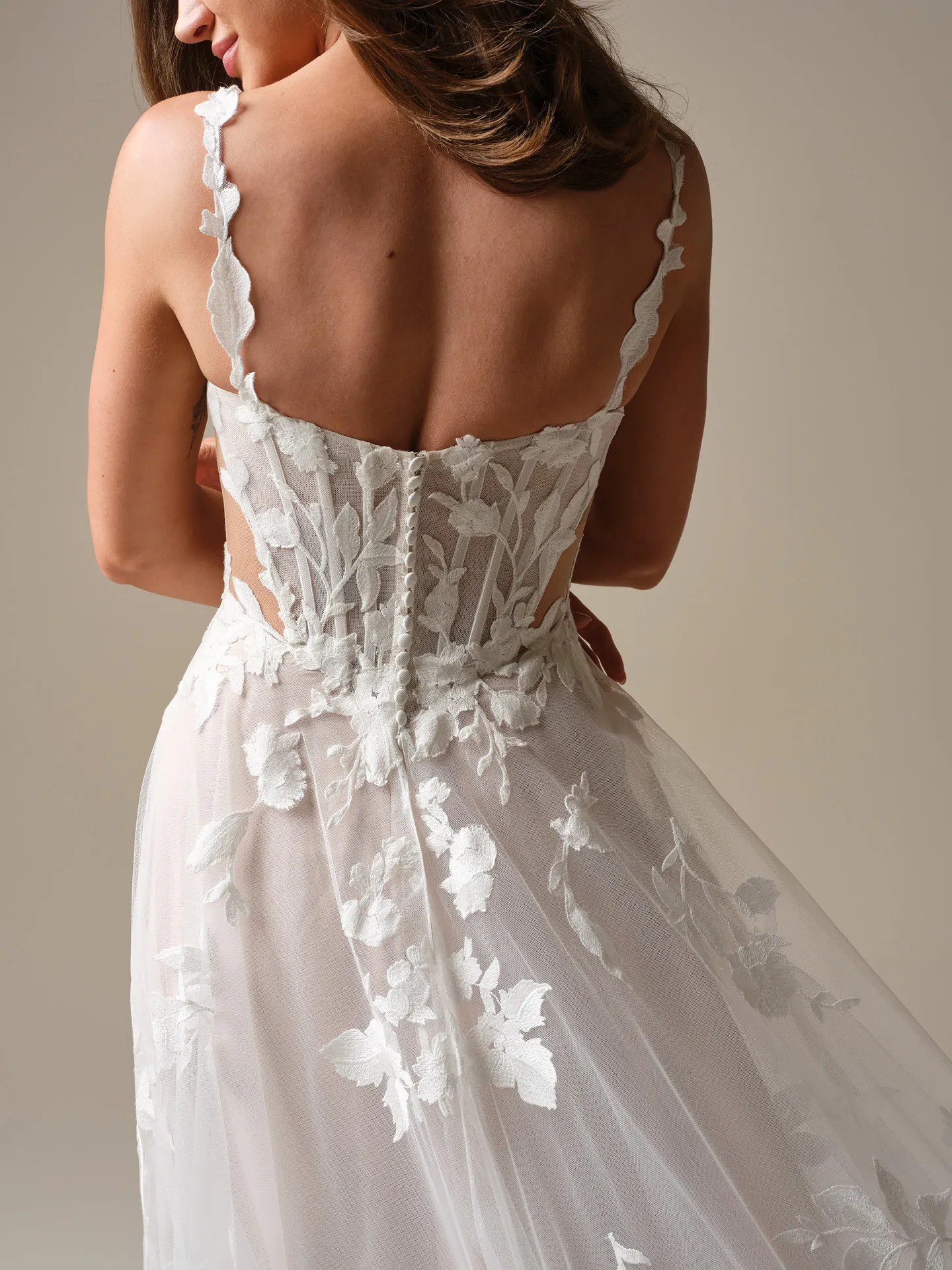Maggie Sottero Natalie, back view floral A-line bridal dress.