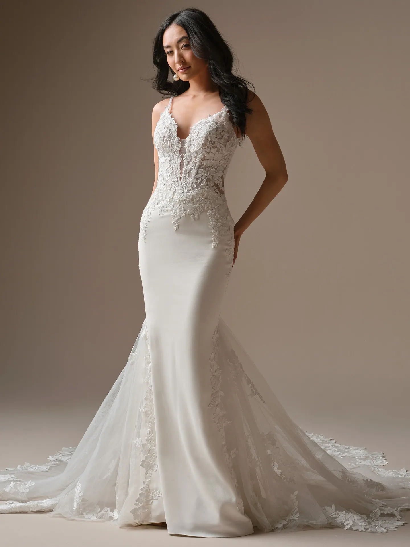 Noelle beaded lace sheath wedding dress, front view Maggie Sottero.