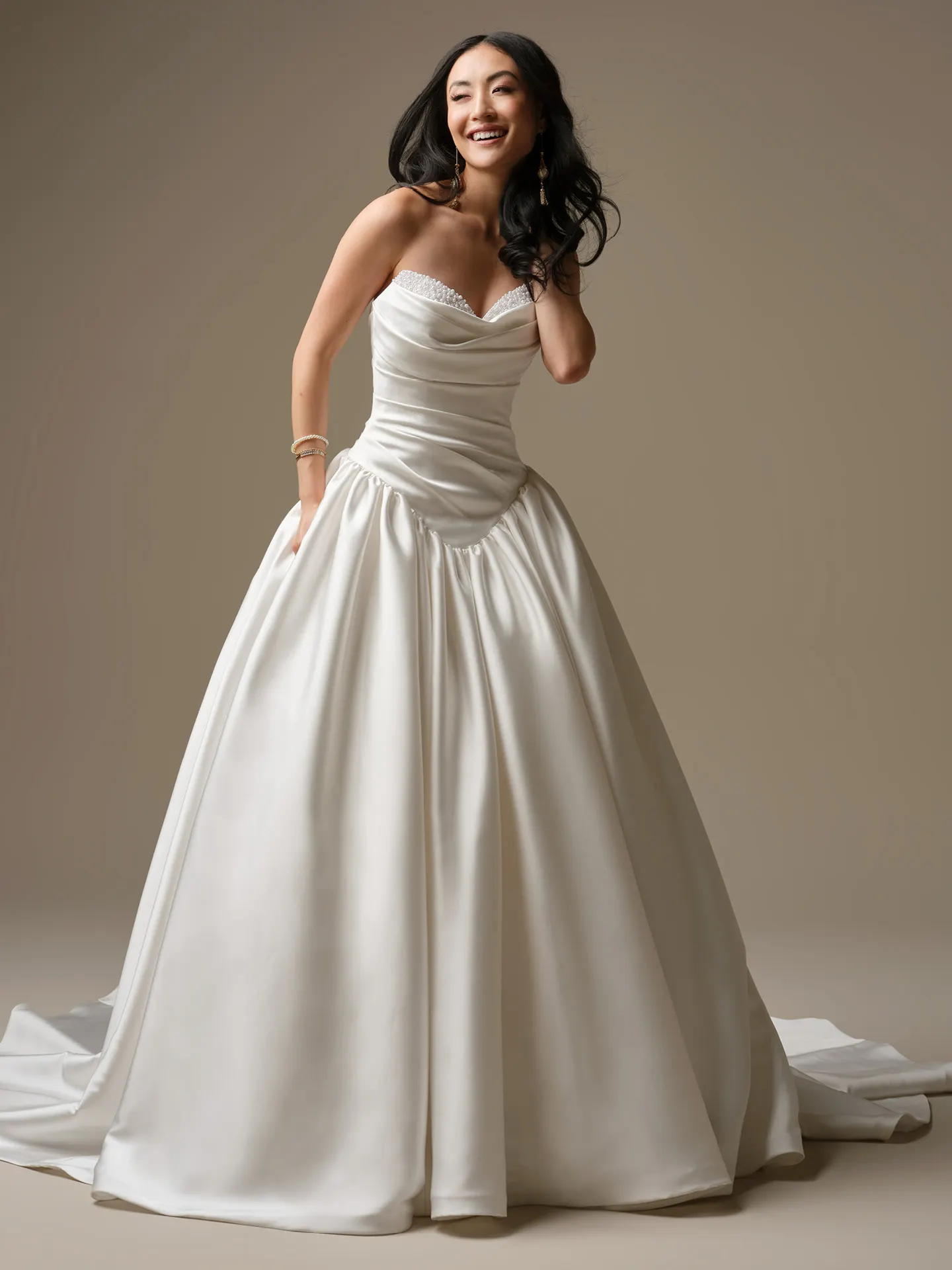 Maggie Sottero Pasadena, front view ballgown with Basque waist.