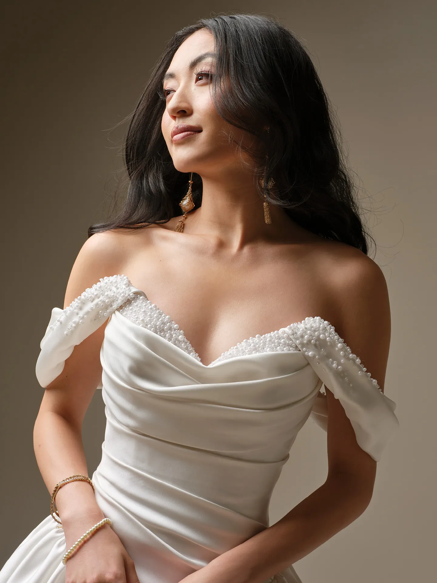 Pasadena ballgown, front view off-shoulder with pearl details Maggie Sottero.