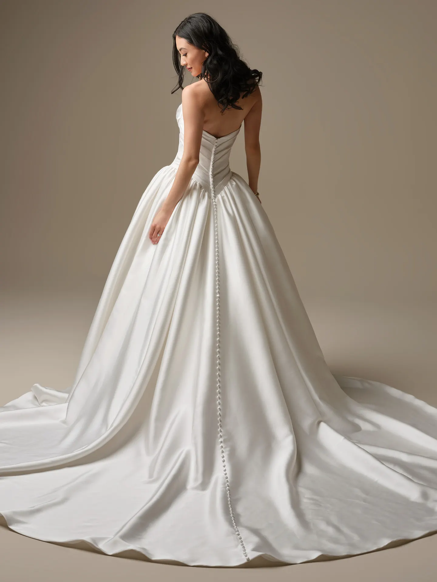 Pasadena ballgown, back view with long train and button detail, Maggie Sottero.