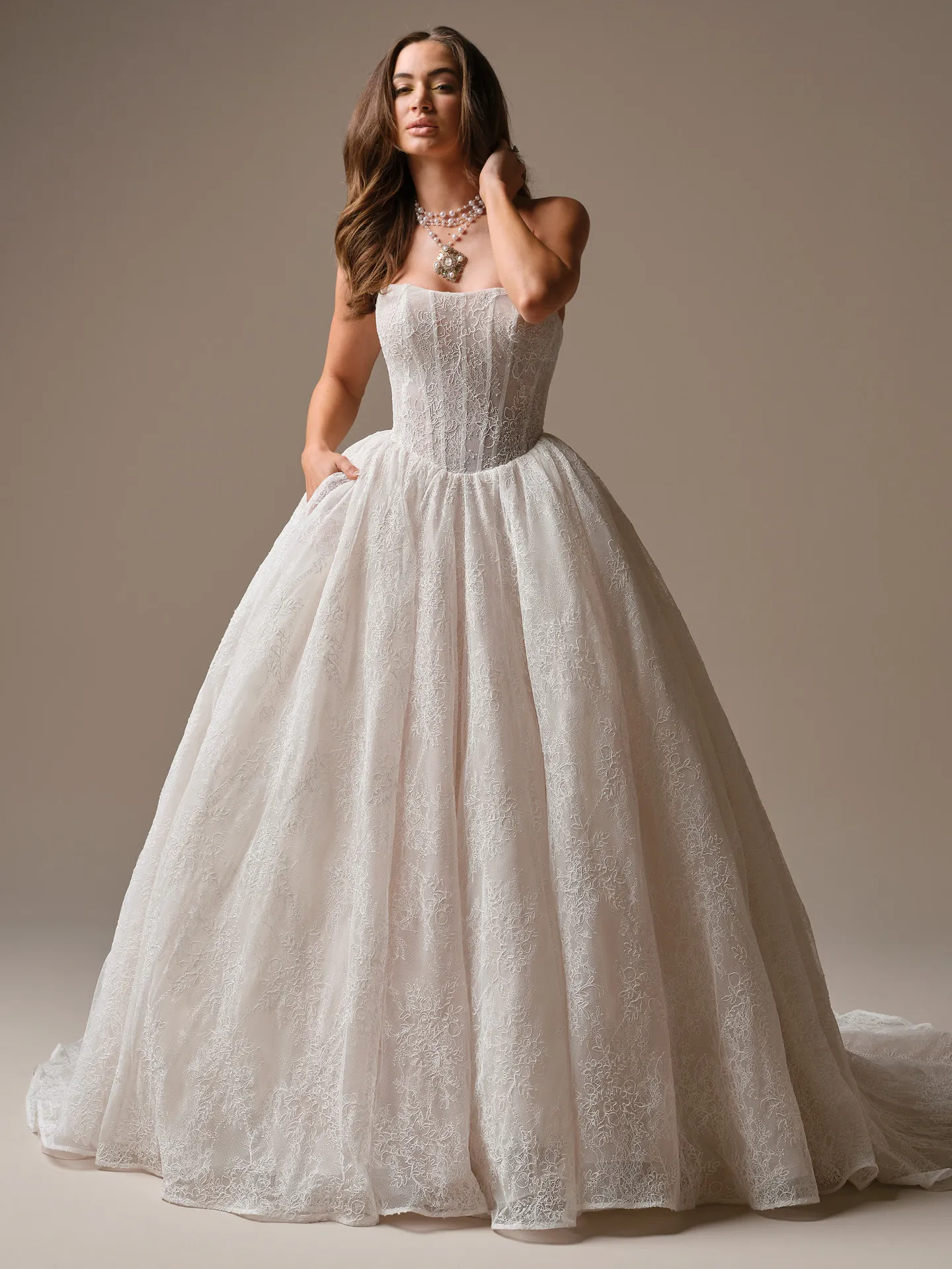 Maggie Sottero Raquel, front view lace ballgown wedding dress.