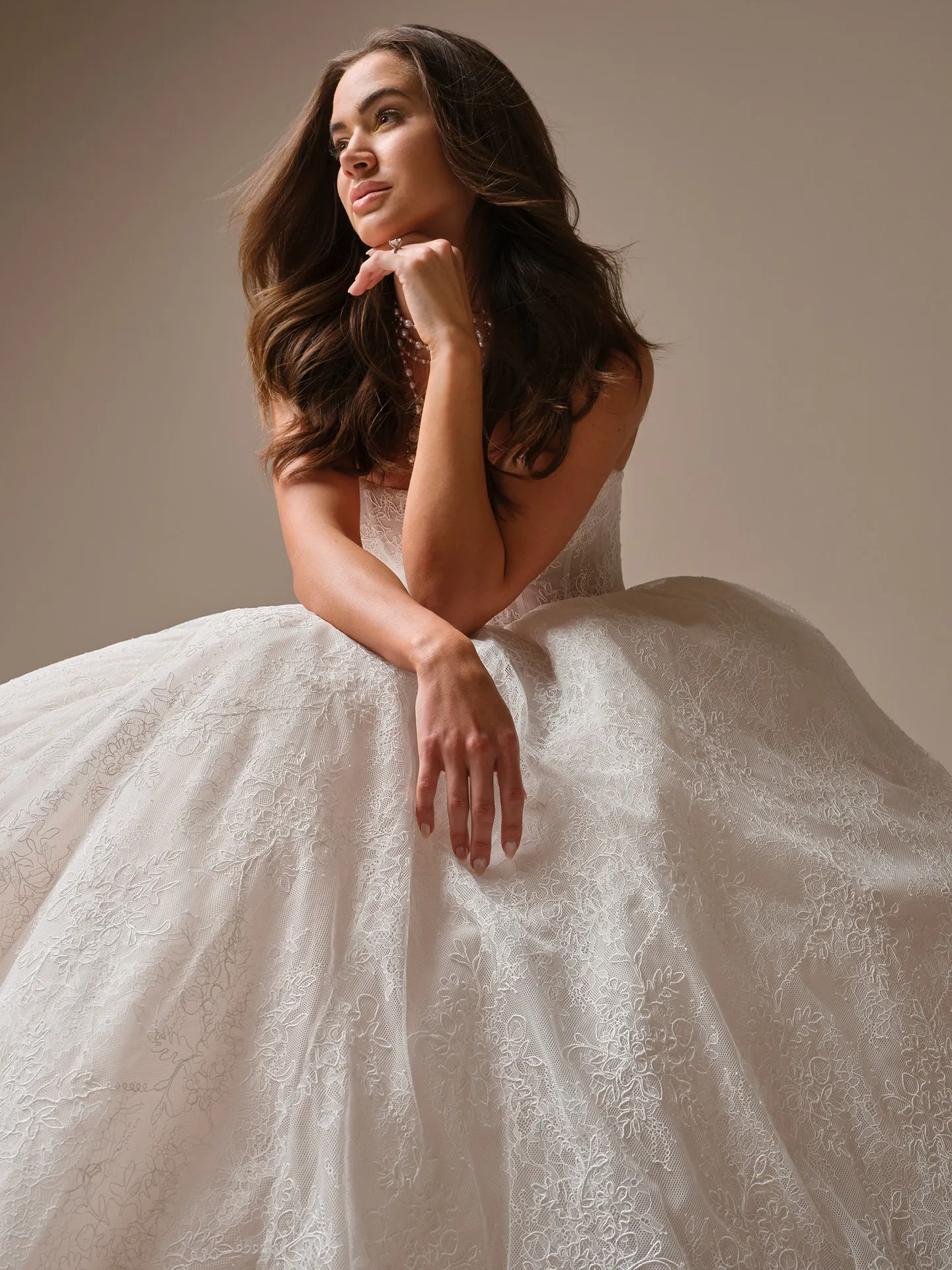 Maggie Sottero Raquel ballgown wedding dress, side view, Chantilly lace.