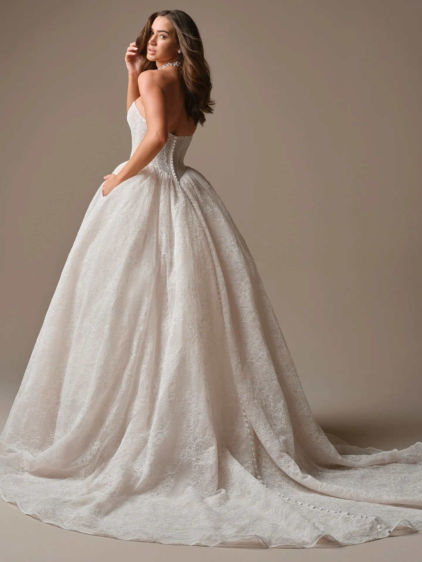 Raquel Chantilly Lace Ballgown, back view Maggie Sottero.