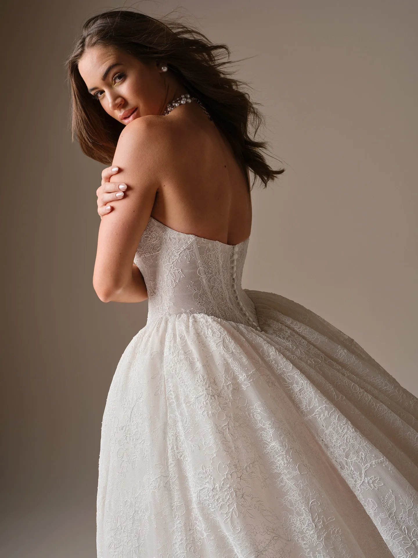 Raquel lace ballgown wedding dress, side view Maggie Sottero.